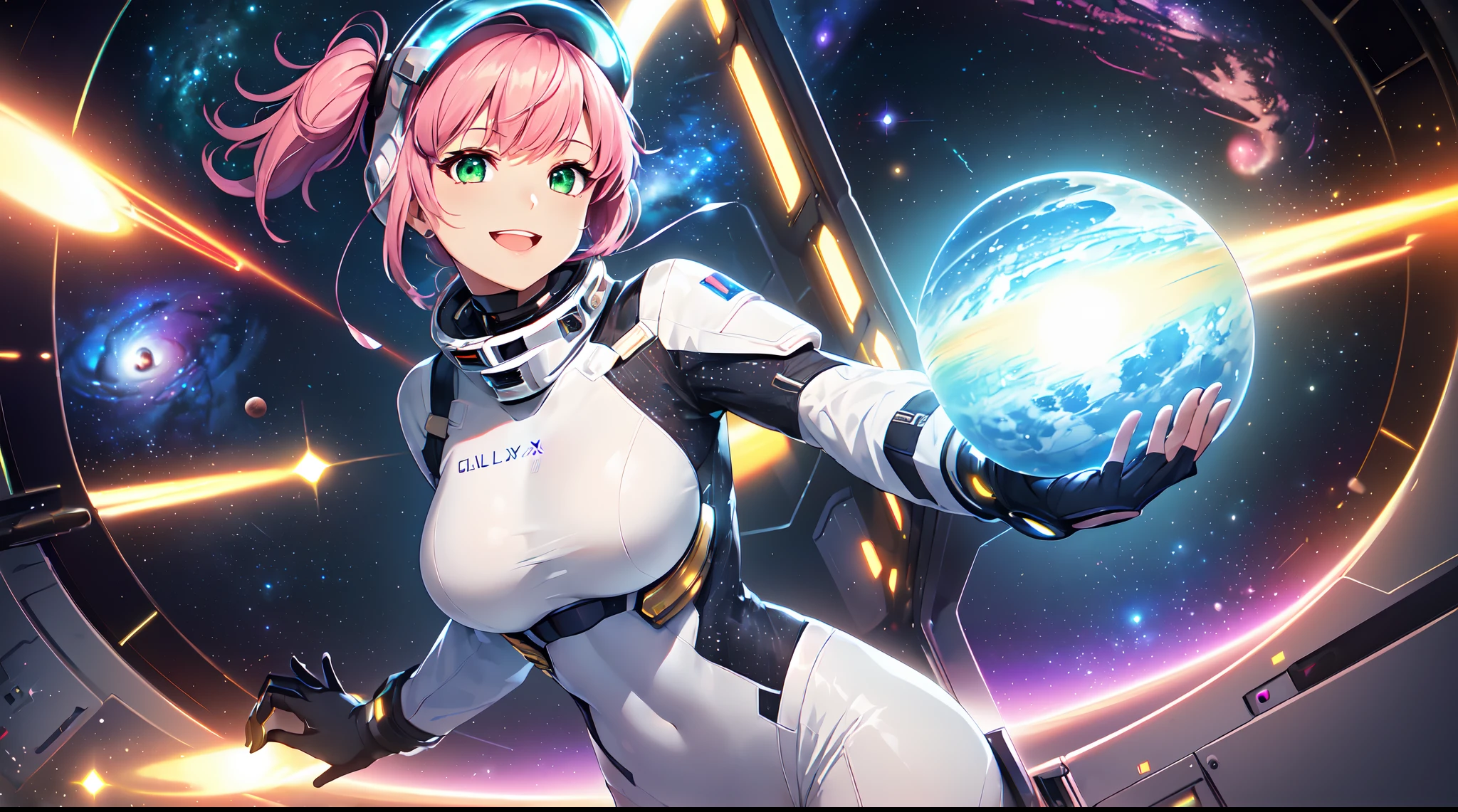 masterpiece:1.4, 1girl ((20year old, dressed in a tight futuristic space suit, medium breasts, multicolor pink hair, twin ponytails, perfect model body, green eyes:1.5, wearing a futuristic sci-Fi space helmet, flirting, happy, big smile, floating in space:1.3, futuristic space station in the background:1.2)) ((solo:1.6)) ((galaxy sky:1.3))