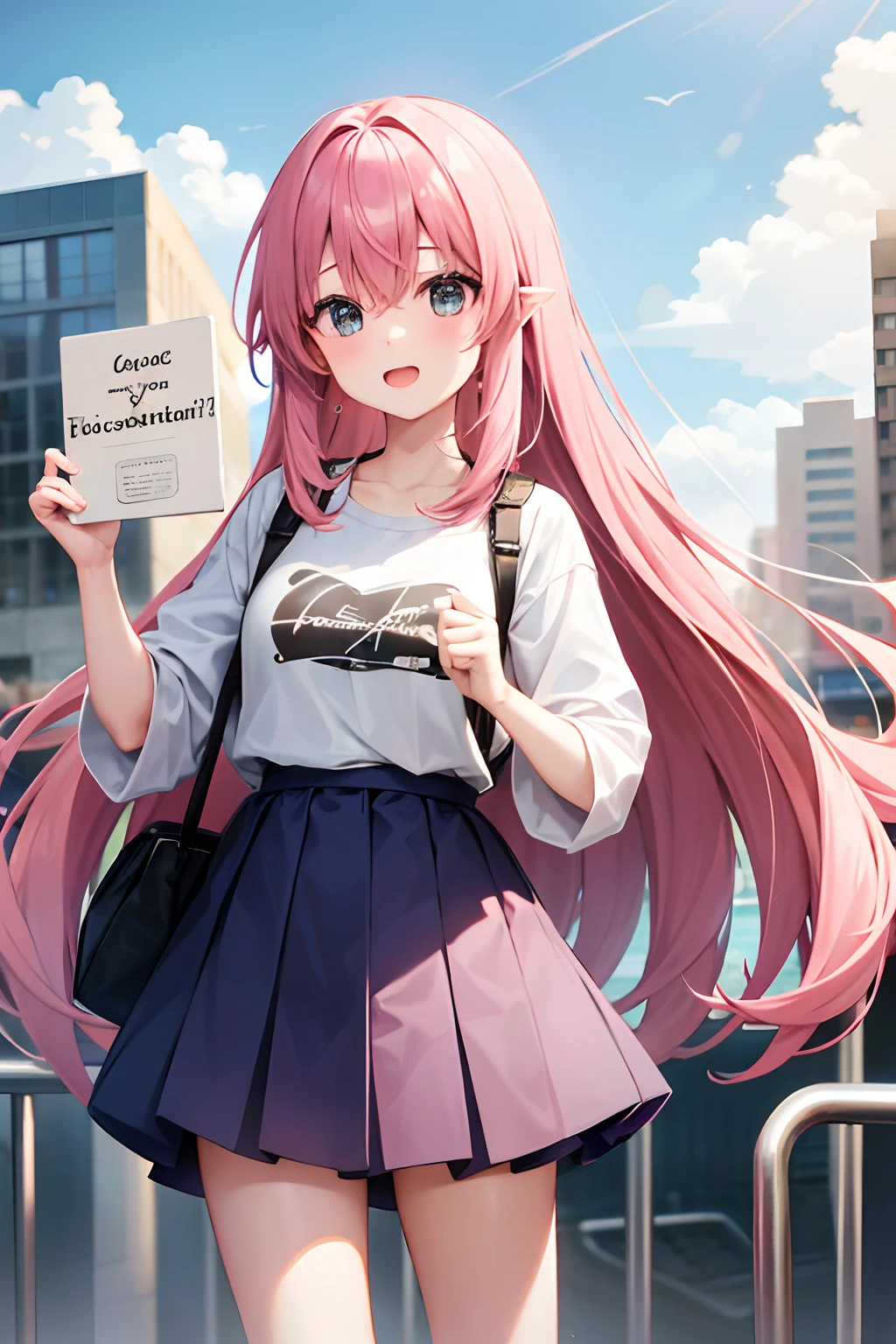 young girl, with long pink hair, concert background, holding blank sign