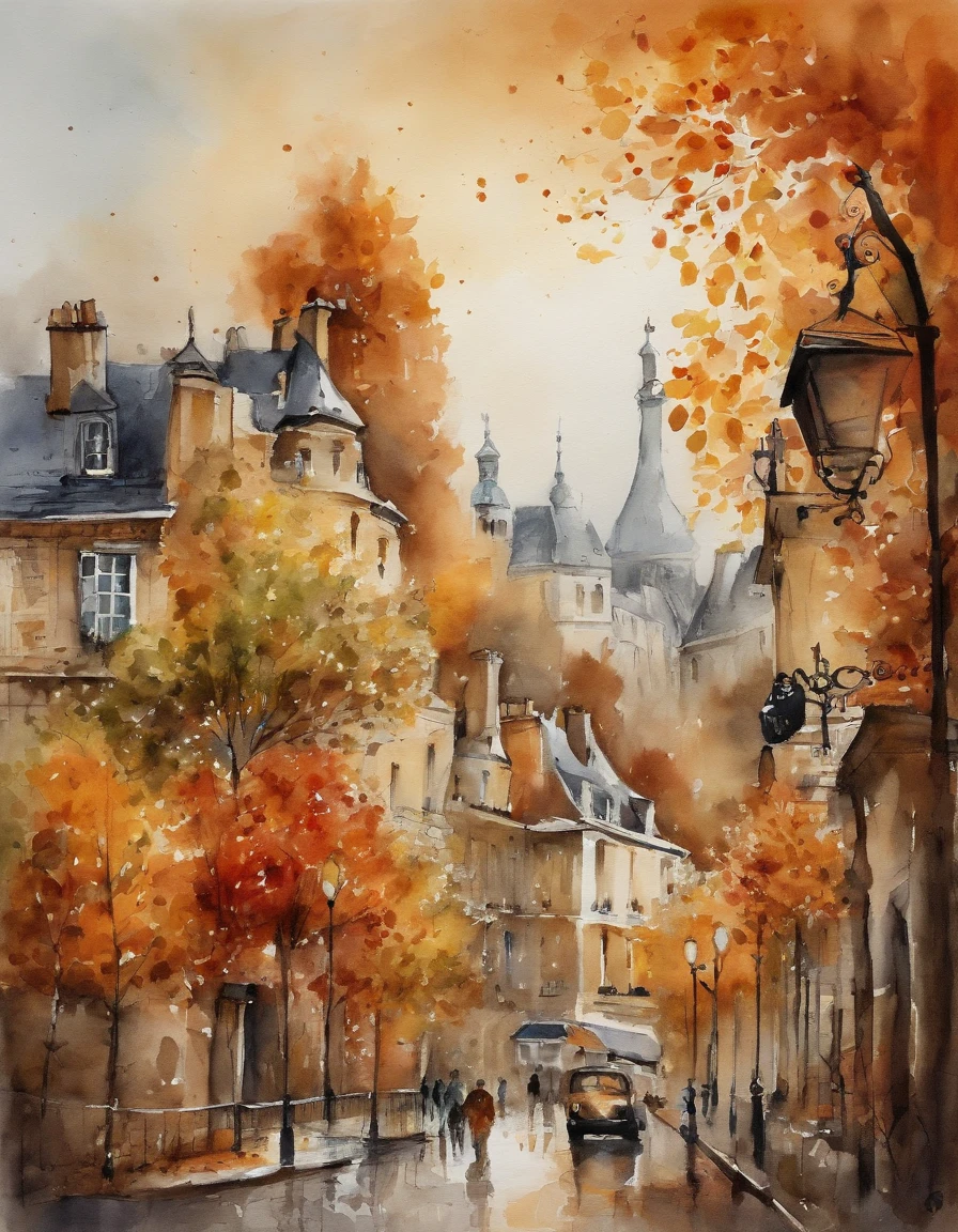 Illustration of a city with lots of colorful leaves, France, Paris, In the style of a vivid cartoonist, Fall, pumpkins, jack-o-lanterns, Pumpkin Spice, New York School, robert munsch, Conceptual Street Art, Synestil 50D, Naturalistic depictions of flora and fauna, Playful cartoons
