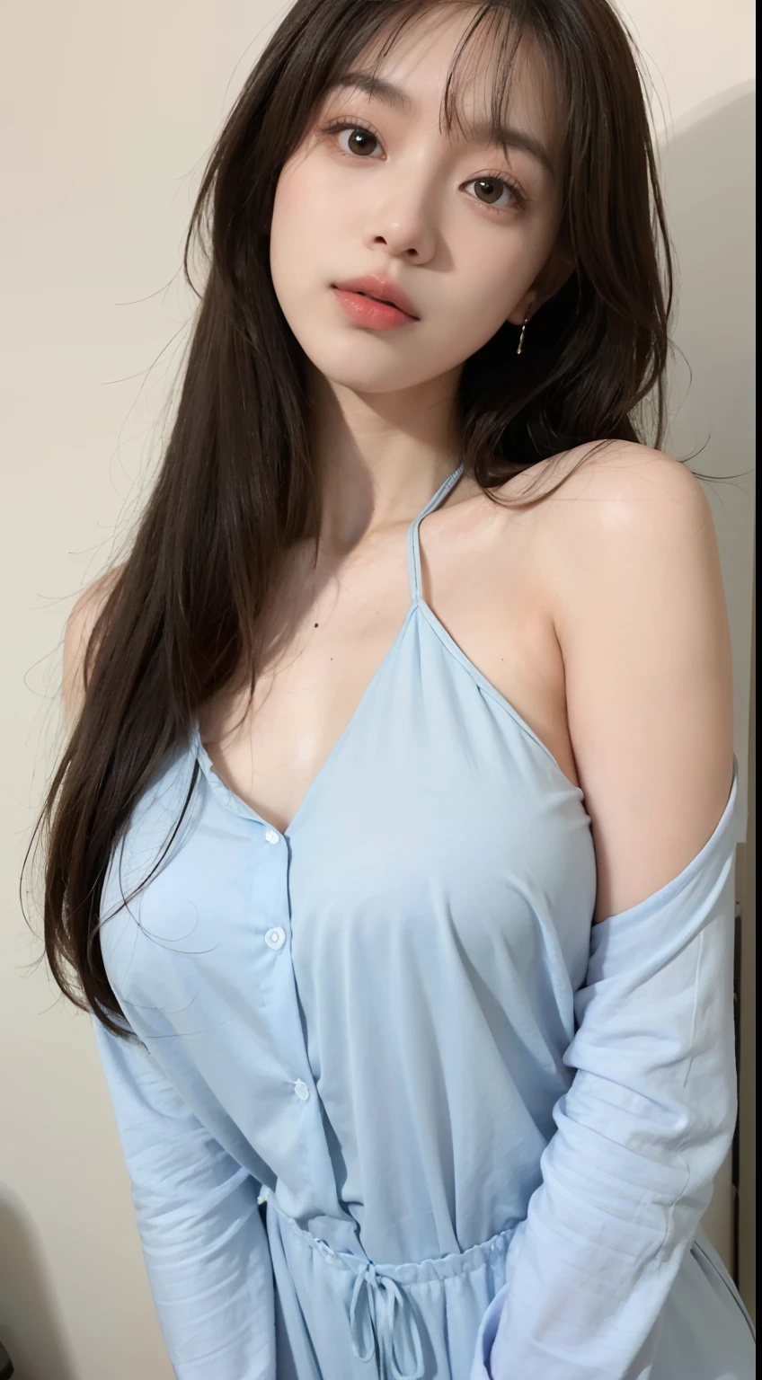15 year old girl, fainting, loose clothes, exposed skin, ragged clothes, undressed, lying on her back, fair skin, Japan person, crisp double eyelids, snappy bangs, long hair