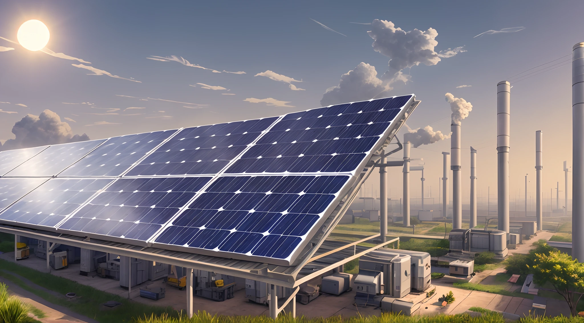 Solar panels on a roof in a factory with smoke chimneys, renewable energy, solar panels, rooftop solar panels, energia limpa, energia solar, Directed by: David B. Fosco, solar, solar field plains, Directed by: Jakob Gauermann, movido a energia solar, por Wayne England, por Xul Solar, Directed by: Joe de Mers, Directed by: Aleksander Kobzdej