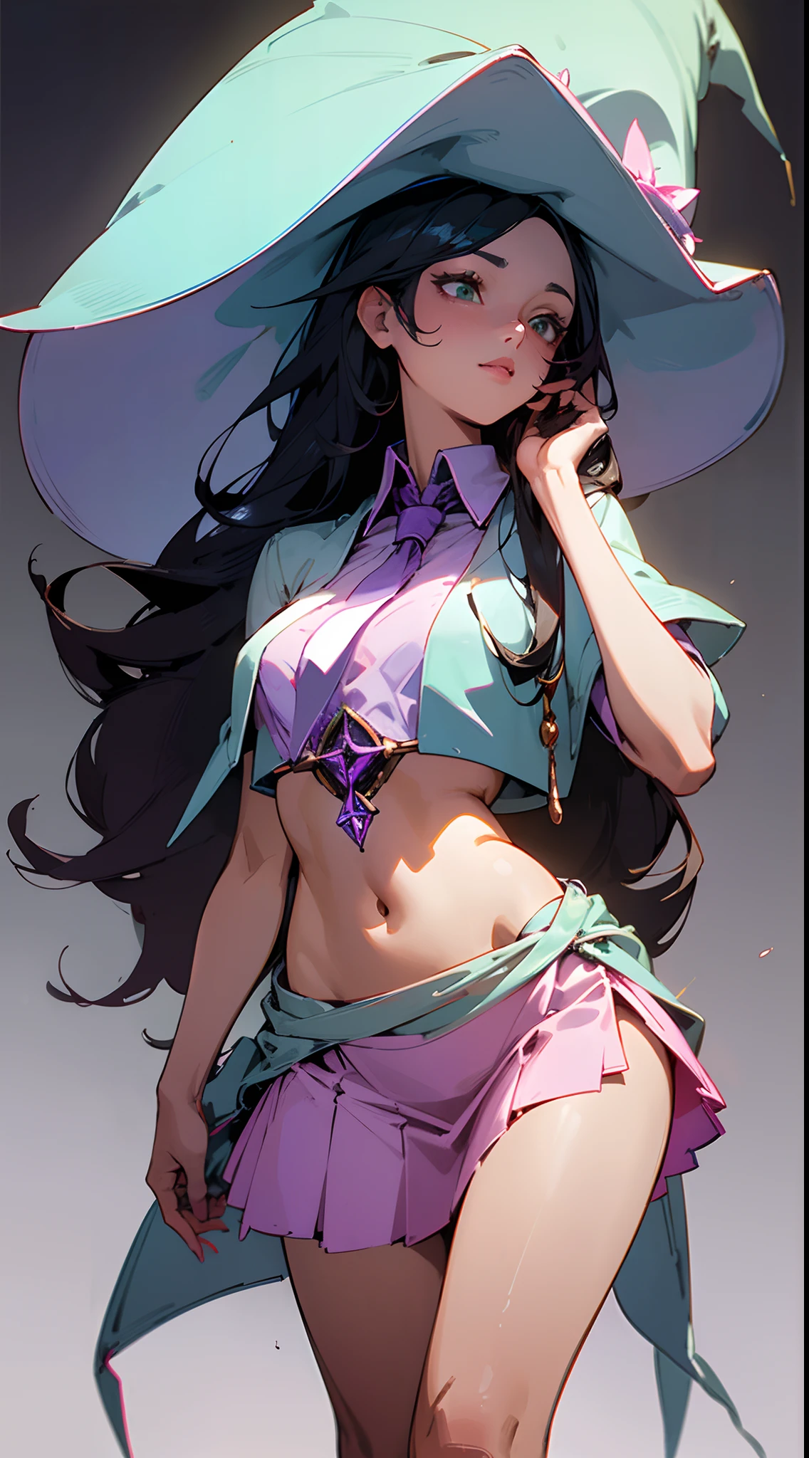 Beautiful woman , light skin , extremely long hair , black hair , elegant, mature woman , green eyes , 33
(masterpiece, best quality:1.3),beautiful detailed glow,best illuminate,(((best quality,textile shading,ultra detailed))),extremely detailed CG unity 8k wallpaper,Highly Detailed beautiful and aesthetic,best light,high resolution,detailed,dynamic lighting , 1Character , pastel washed out colors , cell shade , soft, muted shades ,gentle colors ,
School uniform , stockings , short skirt , crop top , ((short tie:1.2)), ((wearing a witches hat:1.3))