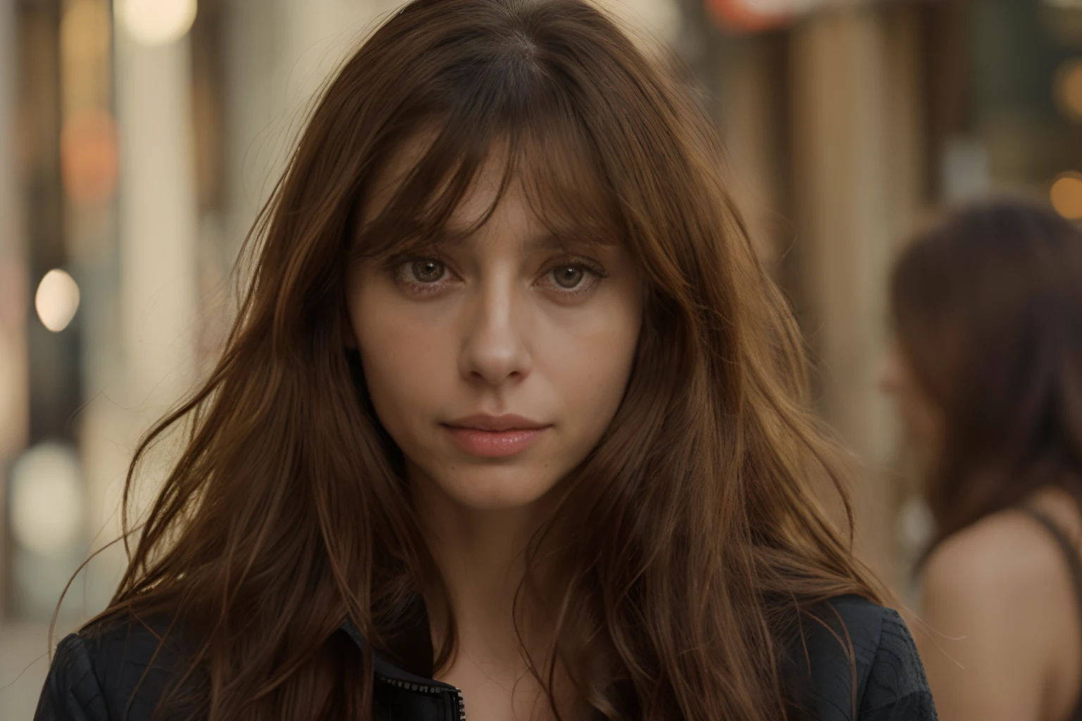 there is a woman with long hair and a jacket on, 30-year-old french woman, central parted fringe, brown hair and large eyes, short brown hair and large eyes, girl with brown hair, intense smoldering, beautiful fine - face, angela sarafyan, tense look, irina french, sharp cheekbones, woman's face looking off camera