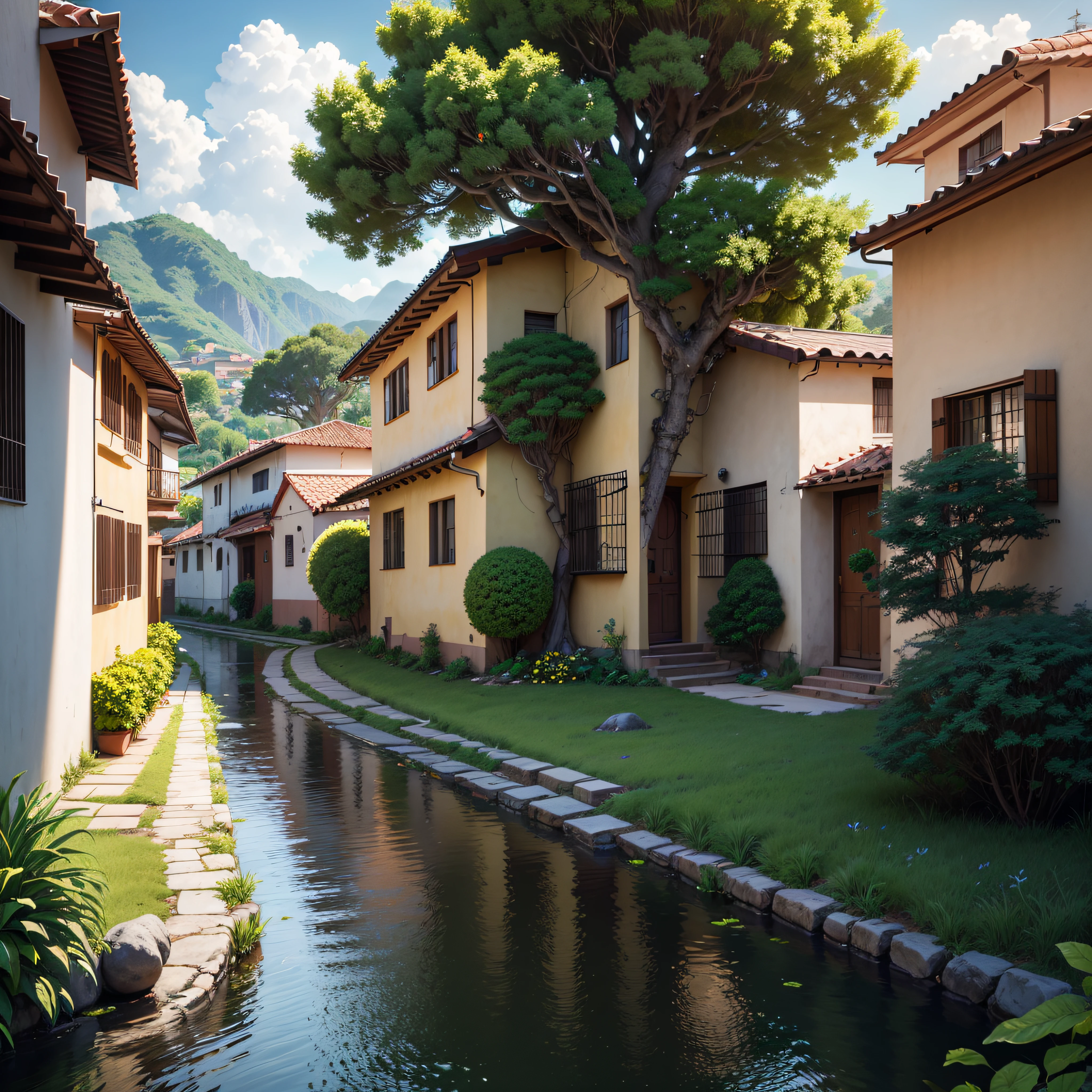 (Colombian town Landscape), (Medallin Style), cartoon, Colombian townhouse, road, bend, small house, tree, pole, white cloud, landscape, outdoor, green trees, luscious green gardens flourish, serene lakes. A harmonious fusion of futuristic society integrated with nature's beauty. Rich colors create a visually captivating. High detailed and intricate. 8K Ultra HD epic composition, realistic lighting, high-definition detail, masterpiece, the best quality, (very detailed CG unified 8k wallpaper),