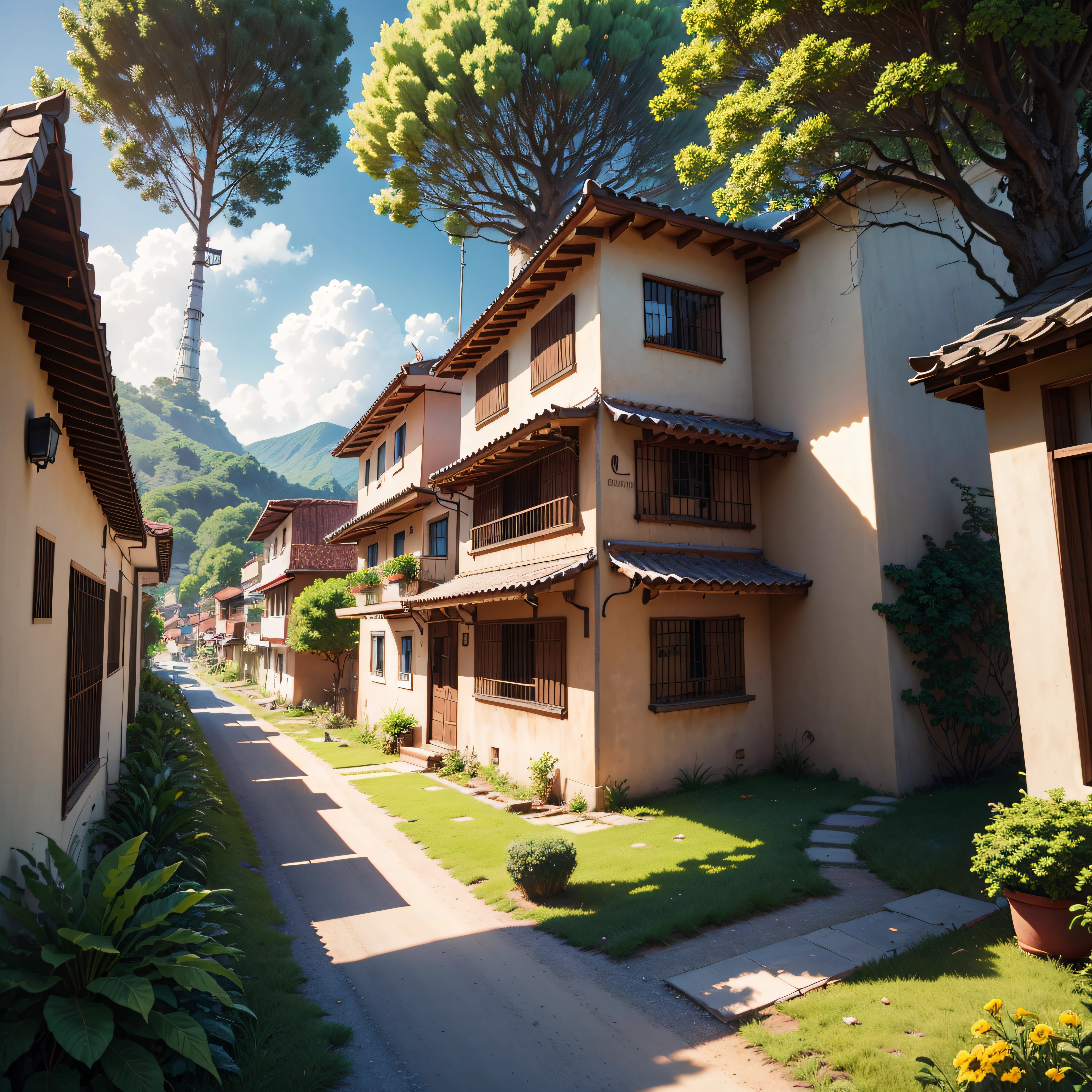 (Colombian town Landscape), (Medallin Style), cartoon, Colombian townhouse, road, bend, small house, tree, pole, white cloud, landscape, outdoor, green trees, luscious green gardens flourish, serene lakes. A harmonious fusion of futuristic society integrated with nature's beauty. Rich colors create a visually captivating. High detailed and intricate. 8K Ultra HD epic composition, realistic lighting, high-definition detail, masterpiece, the best quality, (very detailed CG unified 8k wallpaper),