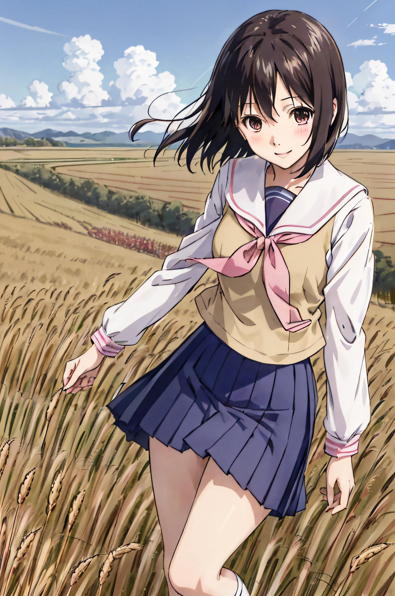 nakahara_misaki、a sailor suit、White blouse、Pink tie、Dark blue pleated skirt、Wheat field、lonely、、The best smile、is standing、（Panties are visible）、（Fluttering skirt）、a miniskirt、fantastic landscape、strong breeze