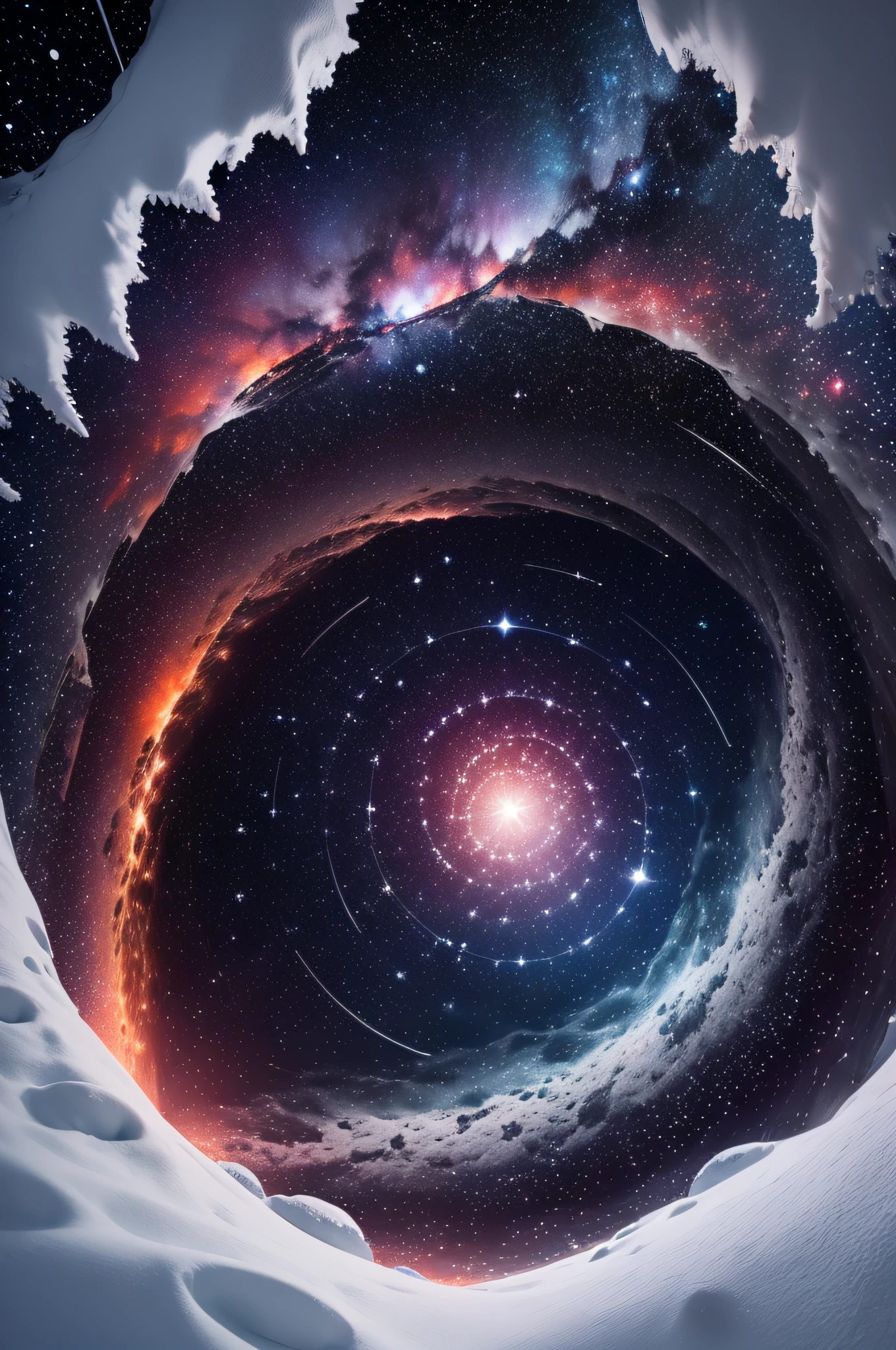 Picture of a star constellation in the snowy night sky. ((Detailed image of star constellation)) ((Snowy night sky above dark snowy forest)) Constellations swirling magically, vortex above the dark forest ((Dark forest vortex)) (((Magical swirling above in night sky))) (((Night sky magic))) (((Swirling colors of red, blue, and white in the night sky))) (((Photo taken from top of hillside))) (((Swirling magic in and above forest)) (((Large illuminating star)))