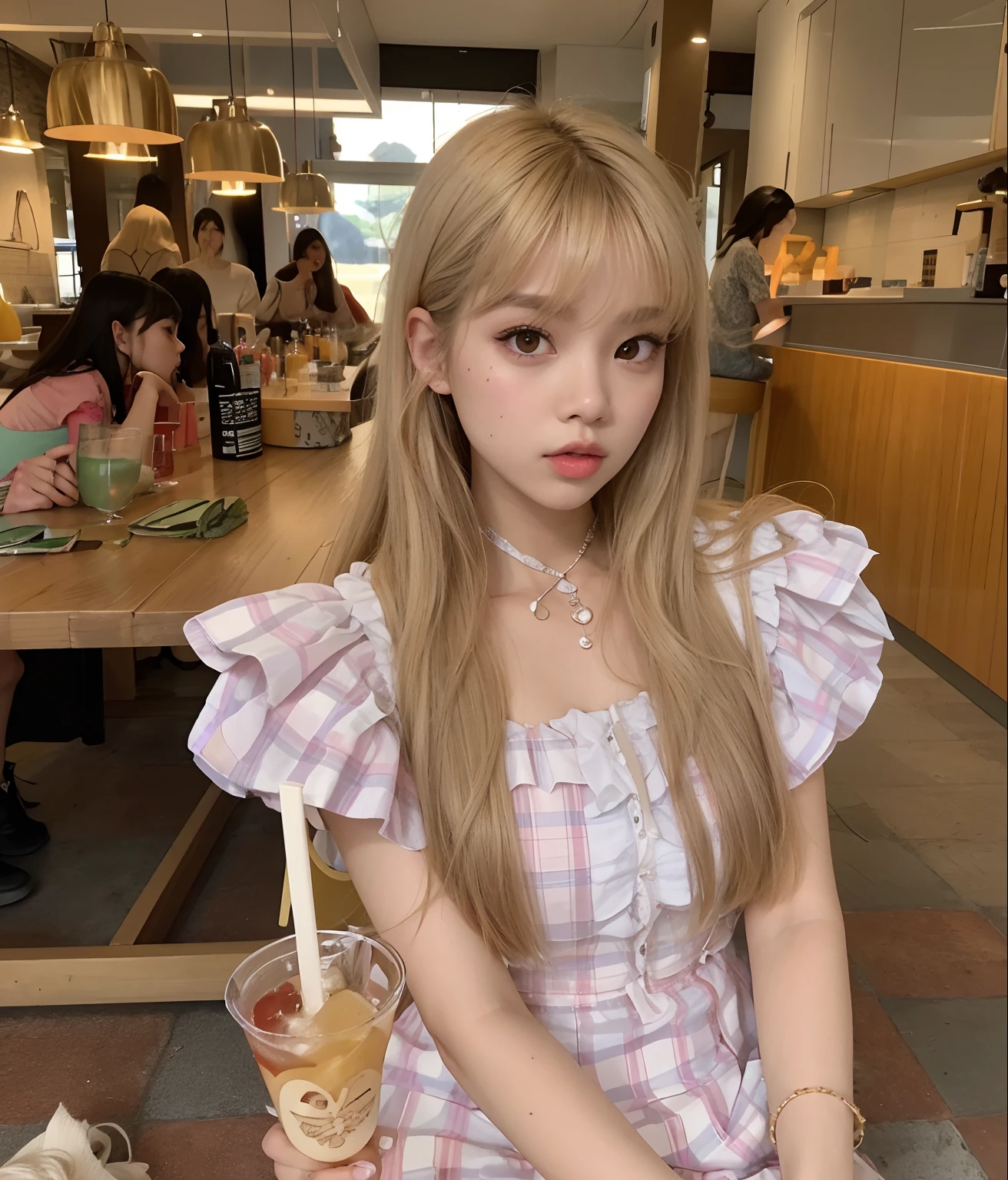 There's a young woman sitting at a table with a drink, Ulzzang, cabelo comprido com franja completa, Lalisa Manobal, cabelos longos com franja, com cabelos longos, cabelo arrumado com franja, Lalisa Manoban do Blackpink, branco hime corte penteado, com longos cabelos loiros, com franja, com franja completa, 🤤 retrato da menina, com cabelos curtos