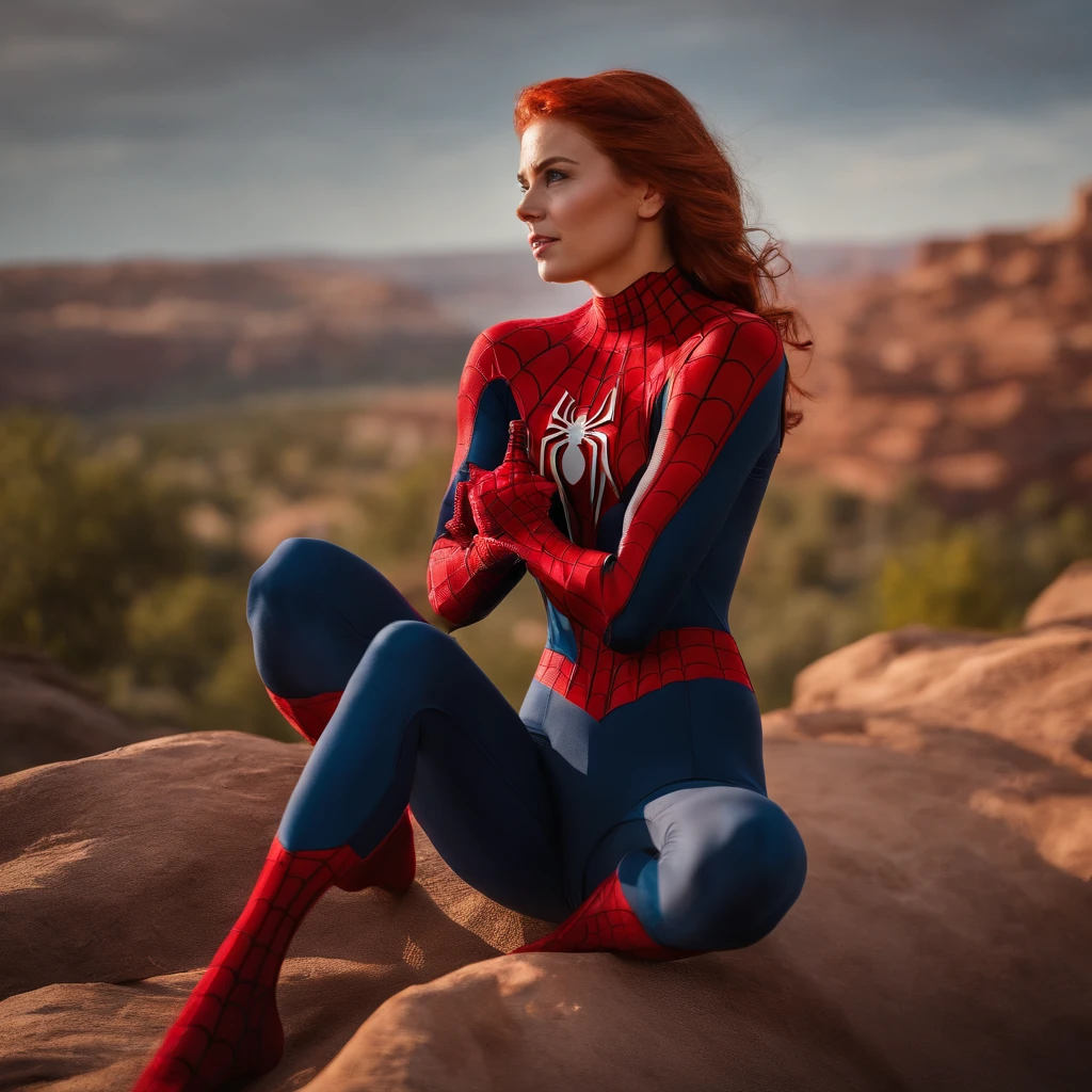photo of scarlett, woman, highres, masterpiece, 1girl, solo, best quality, realistic, outdoors, looking at viewer, perspective shot, ((Spiderman cosplay)), sweat, petite, navel, (red hair), smirk, aroused, 4K, HDR. by (James C. Christensen:1.2|Jeremy Lipking:1.1).
