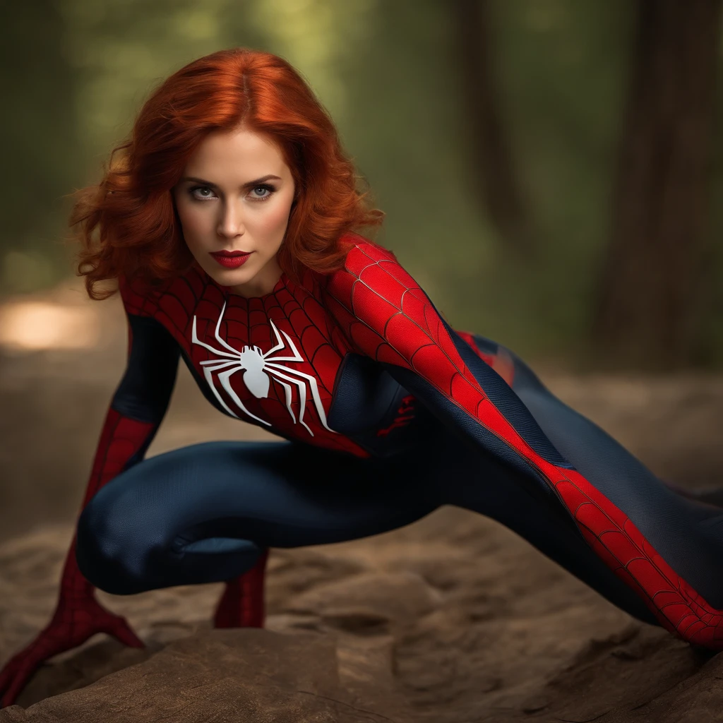 photo of scarlett, woman, highres, masterpiece, 1girl, solo, best quality, realistic, outdoors, looking at viewer, perspective shot, ((Spiderman cosplay)), sweat, petite, navel, (red hair), smirk, aroused, 4K, HDR. by (James C. Christensen:1.2|Jeremy Lipking:1.1).