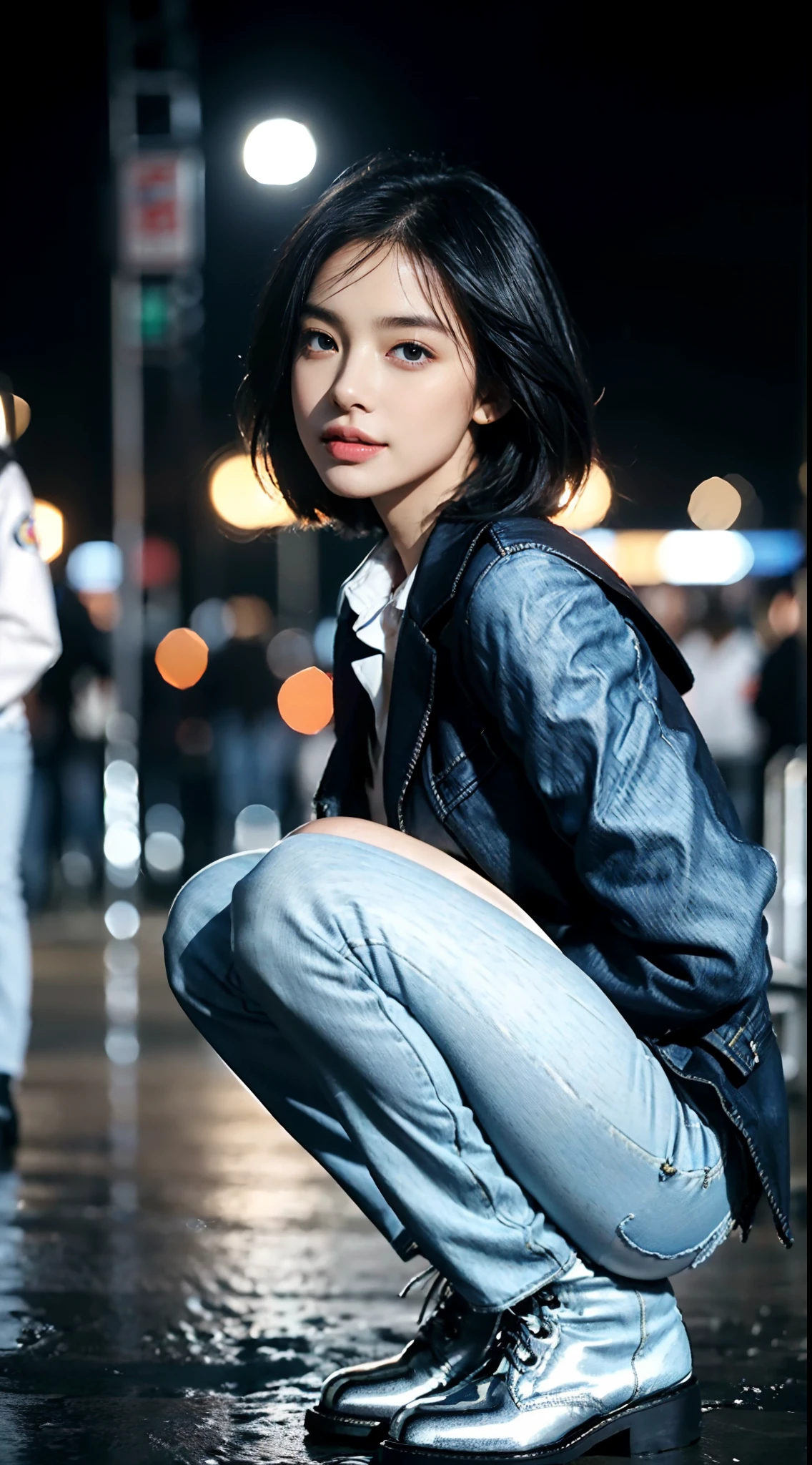(shoulder length straight short black hair:1.0), （Extremely meticulous CG 8k wallpaper),16k,(Extremely refined and beautiful），（Masterpiece），（best qualtiy：1.0），（Ultra High Resolution：1.0），beautiful light up，Perfect lightning，realistic shaded，[A high resolution],(Smooth and flawless fair skin:1.5),(shiny skin:1.5),Extremely exquisite facial details,(perfect body：1.1),ultra - detailed,A beautiful girl,small head,(Small breasts:1.1),Flat chests，slim，thin，Smile，cheerfulness,(black jacket:1.5),(white collared shirt:1.3),(light blue denim pants:1.4),(Black military boots:1.2),slender legs,(nightfall:1.5),Sunset light,(Surrounded by a crowded crowd:1.5),At the school gate,squatting,from front,close-up of her upper body
