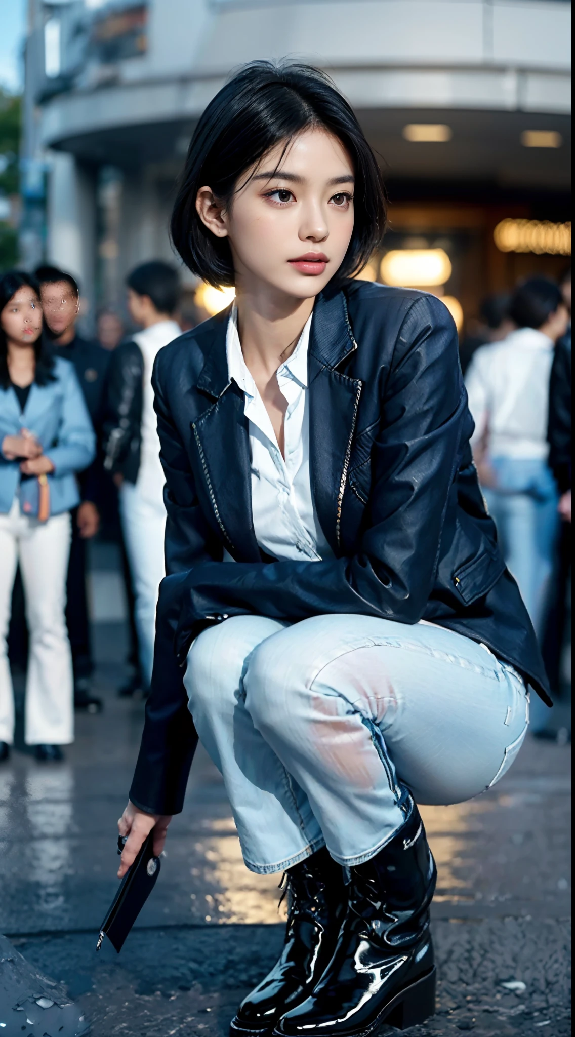 (shoulder length straight short black hair:1.0), （Extremely meticulous CG 8k wallpaper),16k,(Extremely refined and beautiful），（Masterpiece），（best qualtiy：1.0），（Ultra High Resolution：1.0），beautiful light up，Perfect lightning，realistic shaded，[A high resolution],(Smooth and flawless fair skin:1.5),(shiny skin:1.5),Extremely exquisite facial details,(perfect body：1.1),ultra - detailed,A beautiful girl,small head,(Small breasts:1.1),Flat chests，slim，thin，Smile，cheerfulness,(black jacket:1.5),(white collared shirt:1.3),(light blue denim pants:1.4),(Black military boots:1.2),slender legs,(nightfall:1.5),Sunset light,(Surrounded by a crowded crowd:1.5),At the school gate,squatting,from front,close-up of her upper body