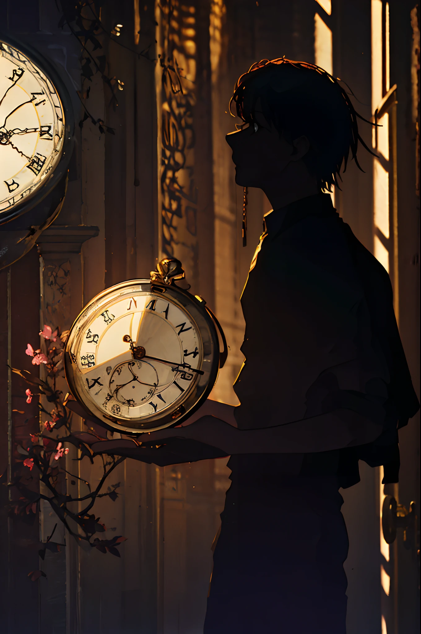 (best quality, high resolution, ultra-detailed, realistic: 1.37), silhouette of a man holding a striking pocket watch, surrounded by flowers, snakes and darkness, illustrative rendering, intricate details, mysterious atmosphere, vibrant colors, dynamic lighting , Gothic style