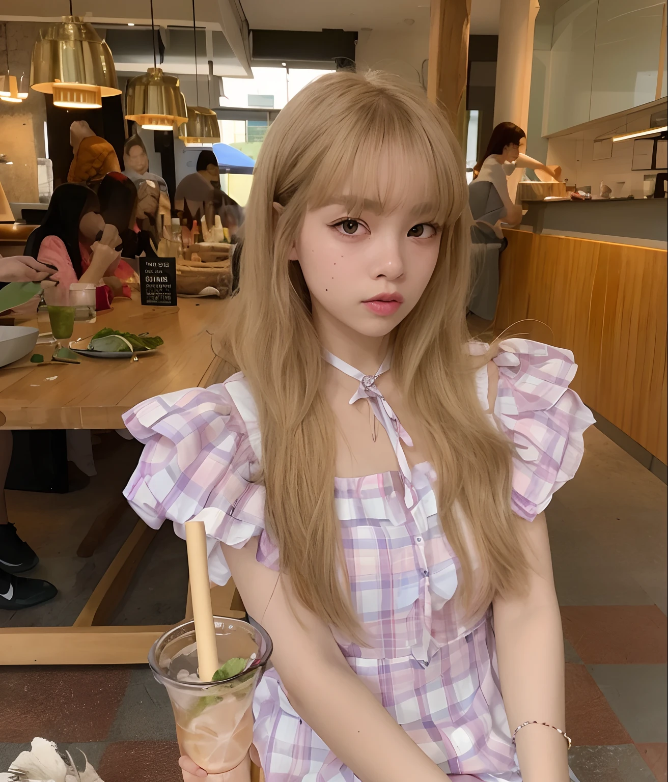 There's a young woman sitting at a table with a drink, Ulzzang, cabelo comprido com franja completa, Lalisa Manobal, cabelos longos com franja, com cabelos longos, cabelo arrumado com franja, Lalisa Manoban do Blackpink, branco hime corte penteado, com franja, com longos cabelos loiros, com franja completa, 🤤 retrato da , com cabelos curtos