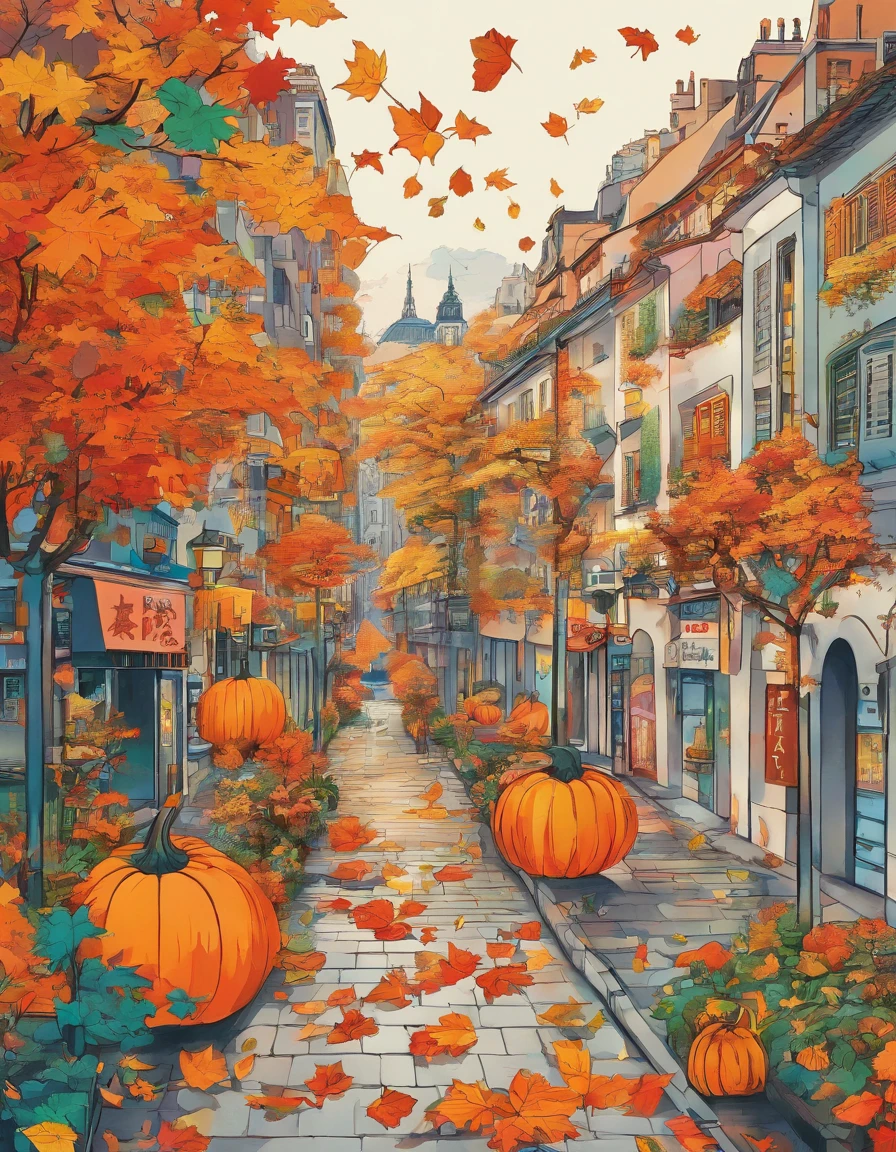 Illustration of a city with lots of colorful leaves, France, Paris, In the style of a vivid cartoonist, Fall, pumpkins, jack-o-lanterns, Pumpkin Spice, New York School, robert munsch, Conceptual Street Art, Synestil 50D, Naturalistic depictions of flora and fauna, Playful cartoons