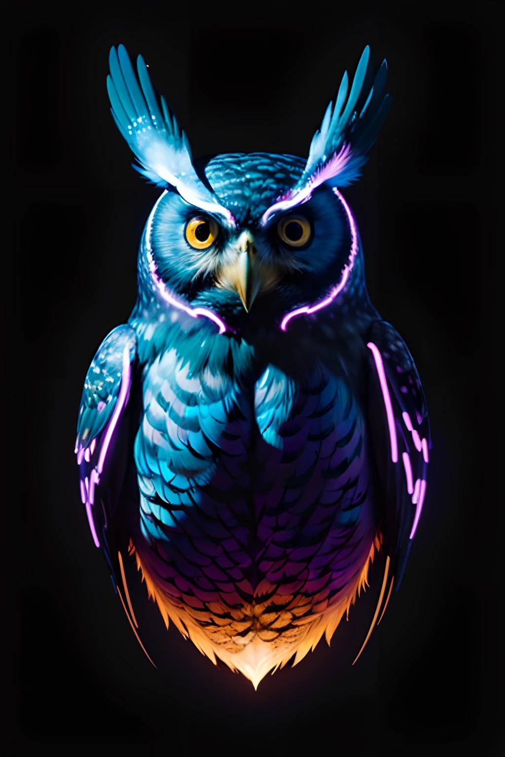 (((masterpiece))), (((neonart))),realistic , neon owl, high detail neon owl glowing, neon owl, neon tree, neon moon, in a black background,