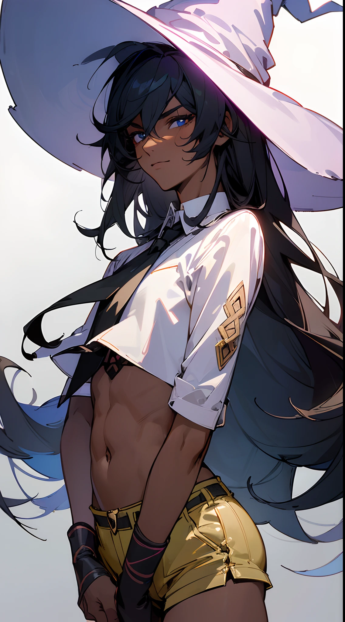 ((Beautiful man:1)) , ((Dark skin:1.5)) , ((long hair)) , ((black hair)) , ((male:1.4)) , full lips , blue eyes , voluminous hair,((has tiger ears:1)), ((Skinny build)) ,effeminate , ((has a center part in hair:1)), full long eyelashes,((straight hair:1.3)) , ((crop top:1.2)), hair in a ponytail, Bishounen, possess delicate and androgynous features, age 33
(masterpiece, best quality:1.3),beautiful detailed glow,best illuminate,(((best quality,textile shading,ultra detailed))),extremely detailed CG unity 8k wallpaper,Highly Detailed beautiful and aesthetic,best light,high resolution,detailed,dynamic lighting , 1Character , pastel washed out colors , cell shade , soft, muted shades ,gentle colors ,
School uniform , stockings , short shorts , crop top , ((short tie:1.2)), ((wearing a witches hat:1.3))