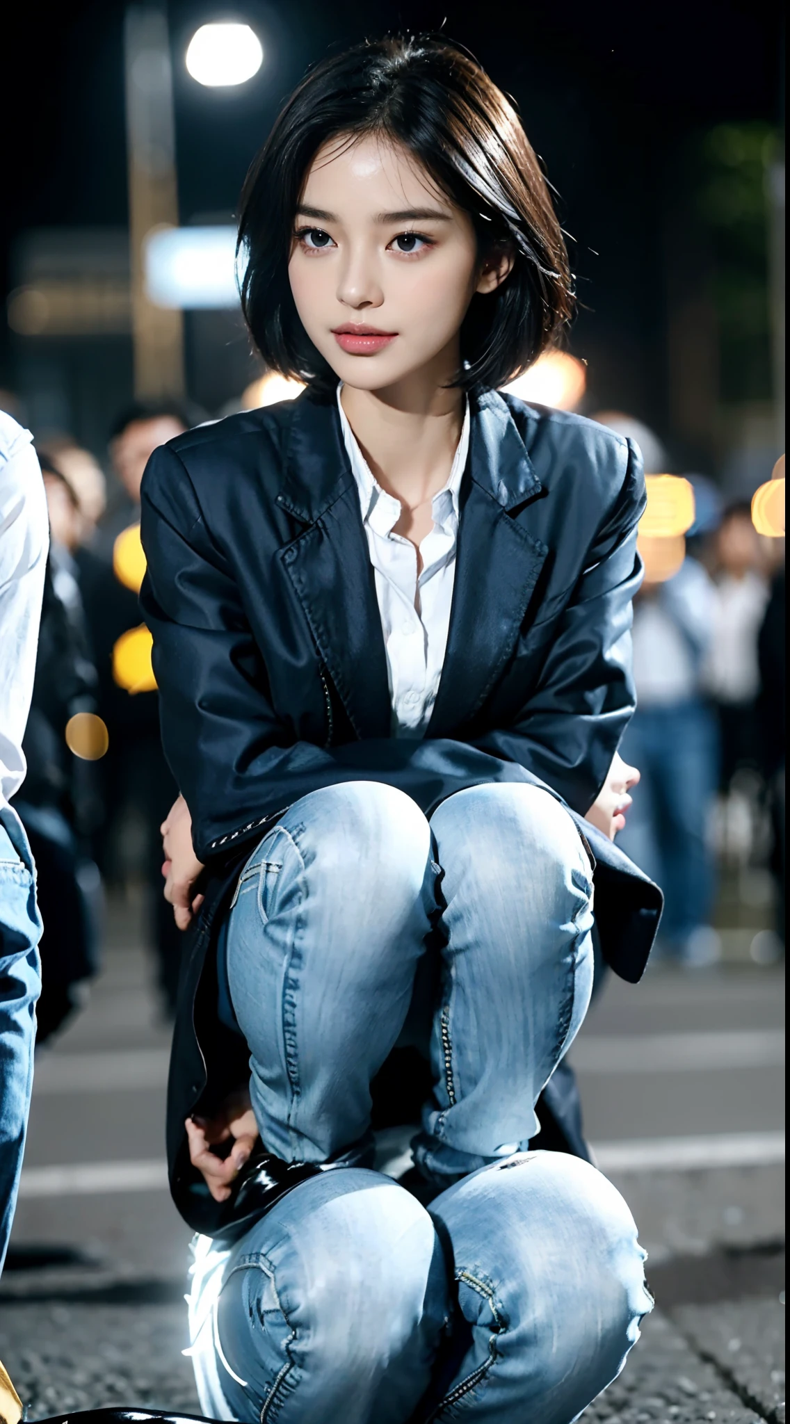 (shoulder length straight short black hair:1.0), （Extremely meticulous CG 8k wallpaper),16k,(Extremely refined and beautiful），（Masterpiece），（best qualtiy：1.0），（Ultra High Resolution：1.0），beautiful light up，Perfect lightning，realistic shaded，[A high resolution],(Smooth and flawless fair skin:1.5),(shiny skin:1.5),Extremely exquisite facial details,(perfect body：1.1),ultra - detailed,A beautiful girl,small head,(Small breasts:1.1),Flat chests，slim，thin，Smile，cheerfulness,(black jacket:1.5),(white collared shirt:1.3),(light blue denim pants:1.4),(Black military boots:1.2),slender legs,(nightfall:1.5),Sunset light,(Surrounded by a crowded crowd:1.5),At the school gate,squatting,from front,close-up of her upper body