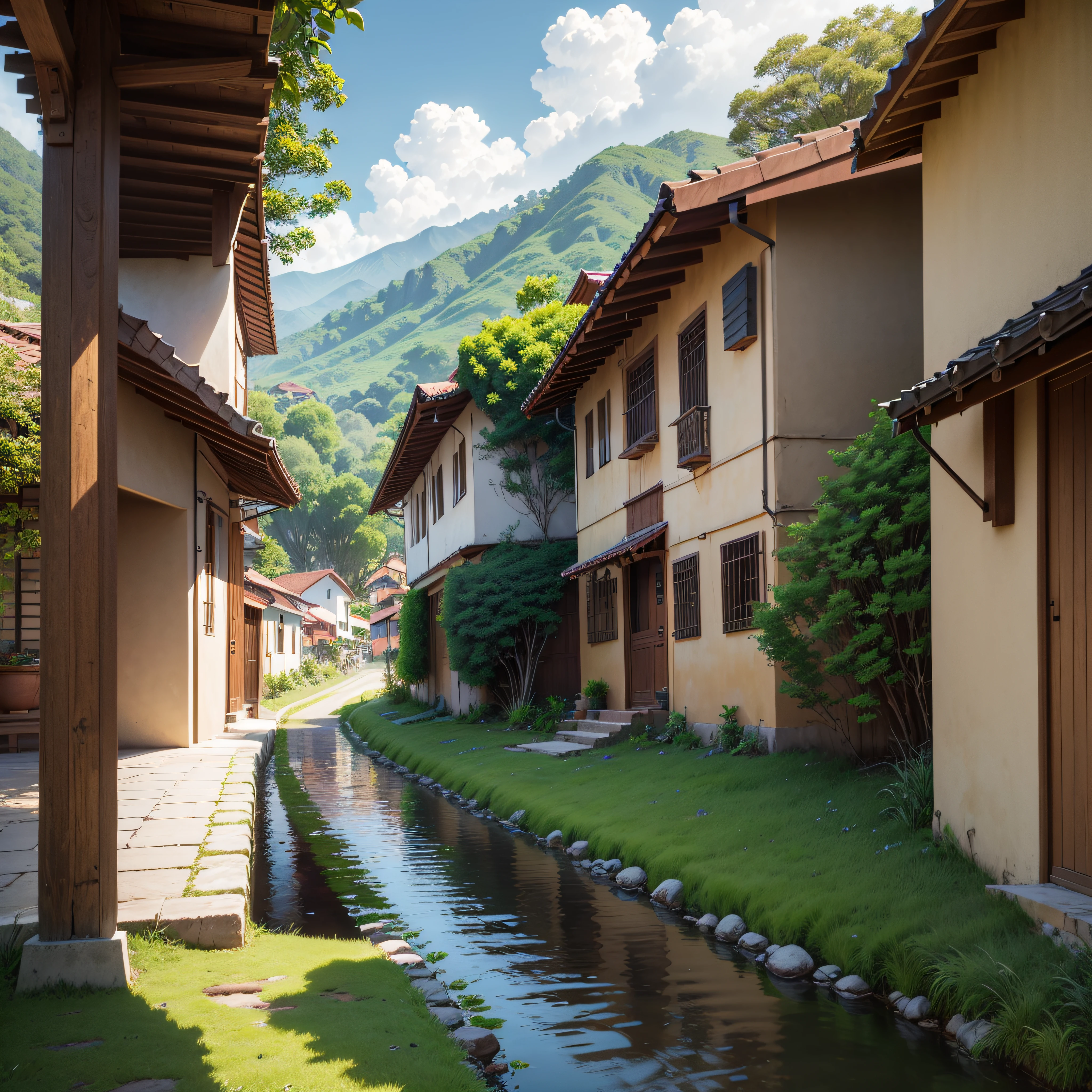 (Colombian town Landscape), (Medallin Style), cartoon, Colombian townhouse, road, bend, serene lakes, small house, white cloud, landscape, outdoor, green trees, luscious green gardens flourish, serene lakes. A harmonious fusion of futuristic society integrated with nature's beauty. Rich colors create a visually captivating. High detailed and intricate. 8K Ultra HD epic composition, realistic lighting, high-definition detail, masterpiece, the best quality, (very detailed CG unified 8k wallpaper),