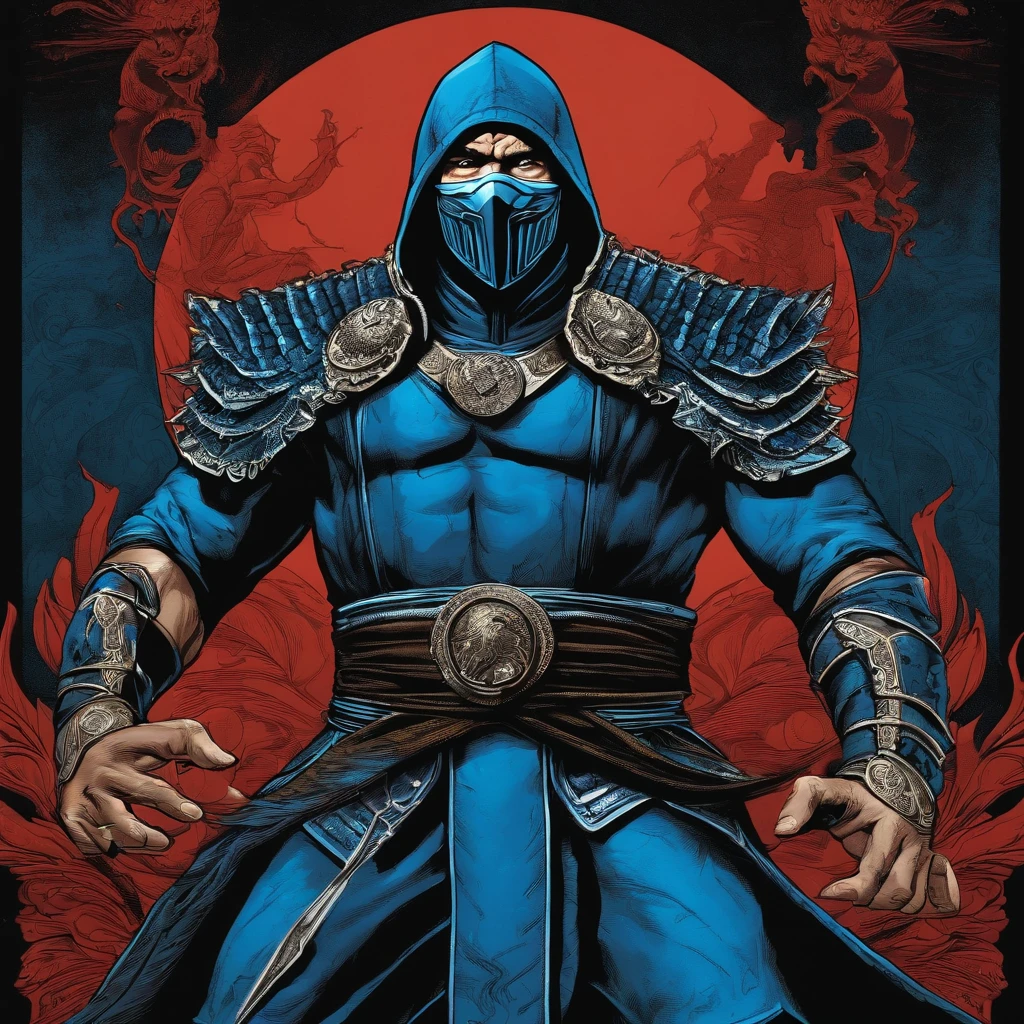 Detailed illustration of Sub-Zero from Mortal Kombat set in 1970, Color Poster Cover, dark fantasy style, imagen granulada, color saturation