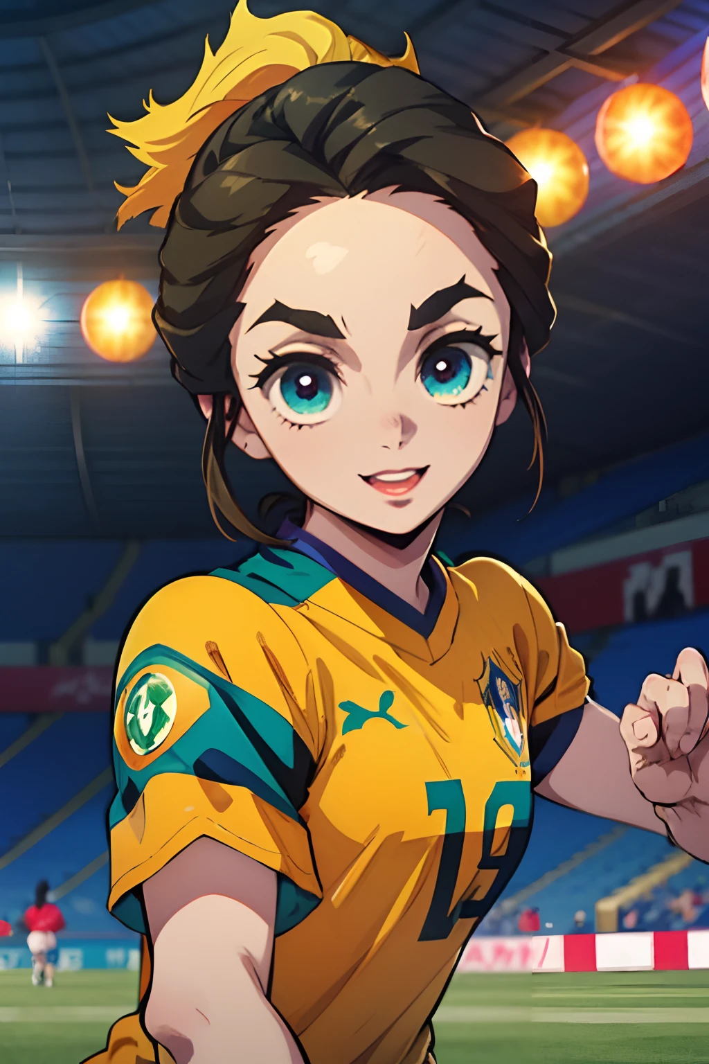 best quality,4k,8k,highres,masterpiece:1.2,ultra-detailed,realistic:1.37,soccer,brazilian soccer clothes,anime girl,vibrant colors,shiny soccer ball,green grass field,sunlit stadium,focus on the girl's expressions,elegant soccer shoes,stadium lights,excitement and energy,athletic physique,soccer team flag in the background,ball in motion,sharp jersey details,fast-paced action,expressive eyes and smile,flawless rendering,accurate shadows and highlights,anime-style rendering,portraits,beautiful detailed eyes,beautiful detailed lips,thin eyebrows,long eyelashes,flowing hair,bright and colorful costume,airy and dynamic pose,confidence and determination,happy and energetic face,girl in the foreground,friendly competition,celebratory atmosphere.