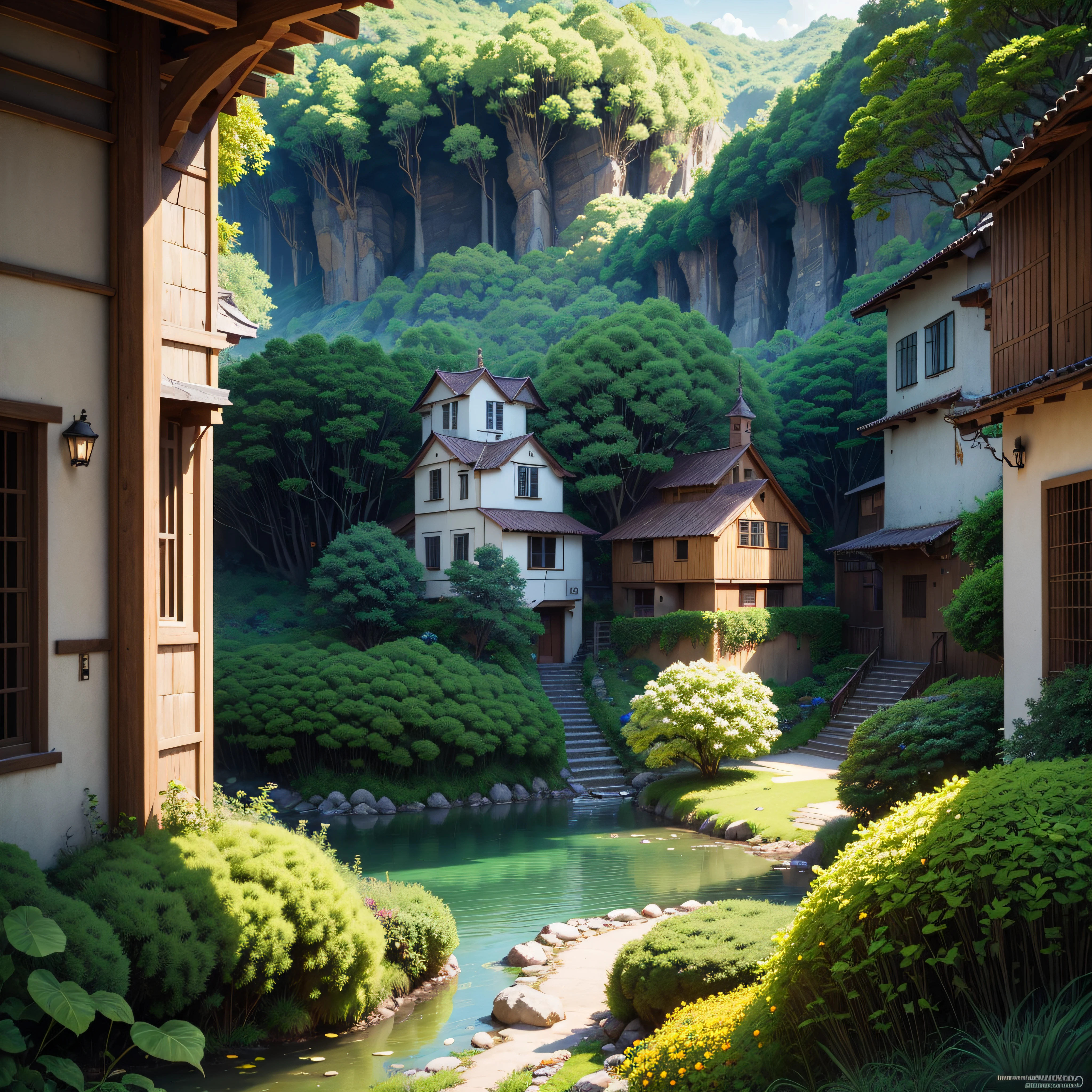 (Colombian town Landscape), (Medallin Style), cartoon, Colombian townhouse, road, bend, serene lakes, small house, white cloud, landscape, outdoor, green trees, luscious green gardens flourish, serene lakes. A harmonious fusion of futuristic society integrated with nature's beauty. Rich colors create a visually captivating. High detailed and intricate. 8K Ultra HD epic composition, realistic lighting, high-definition detail, masterpiece, the best quality, (very detailed CG unified 8k wallpaper),