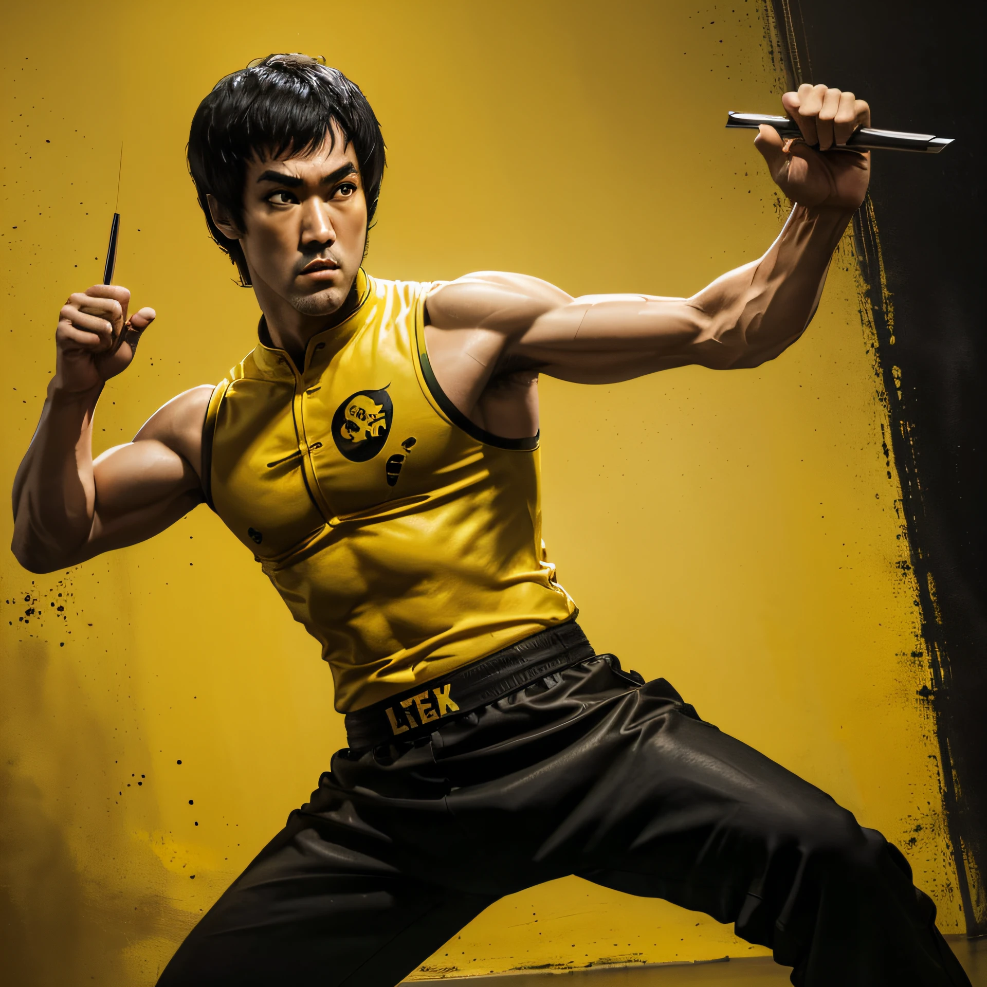 ator ((bruce lee)) camisa amarela com faixa lateral preta, Yellow pants with red stripes, fogo no fundo, intrincado, action scene, lutando com alienigenas, foco nítido, Dramatic, arte de pintura fotorrealista 4K HD High details