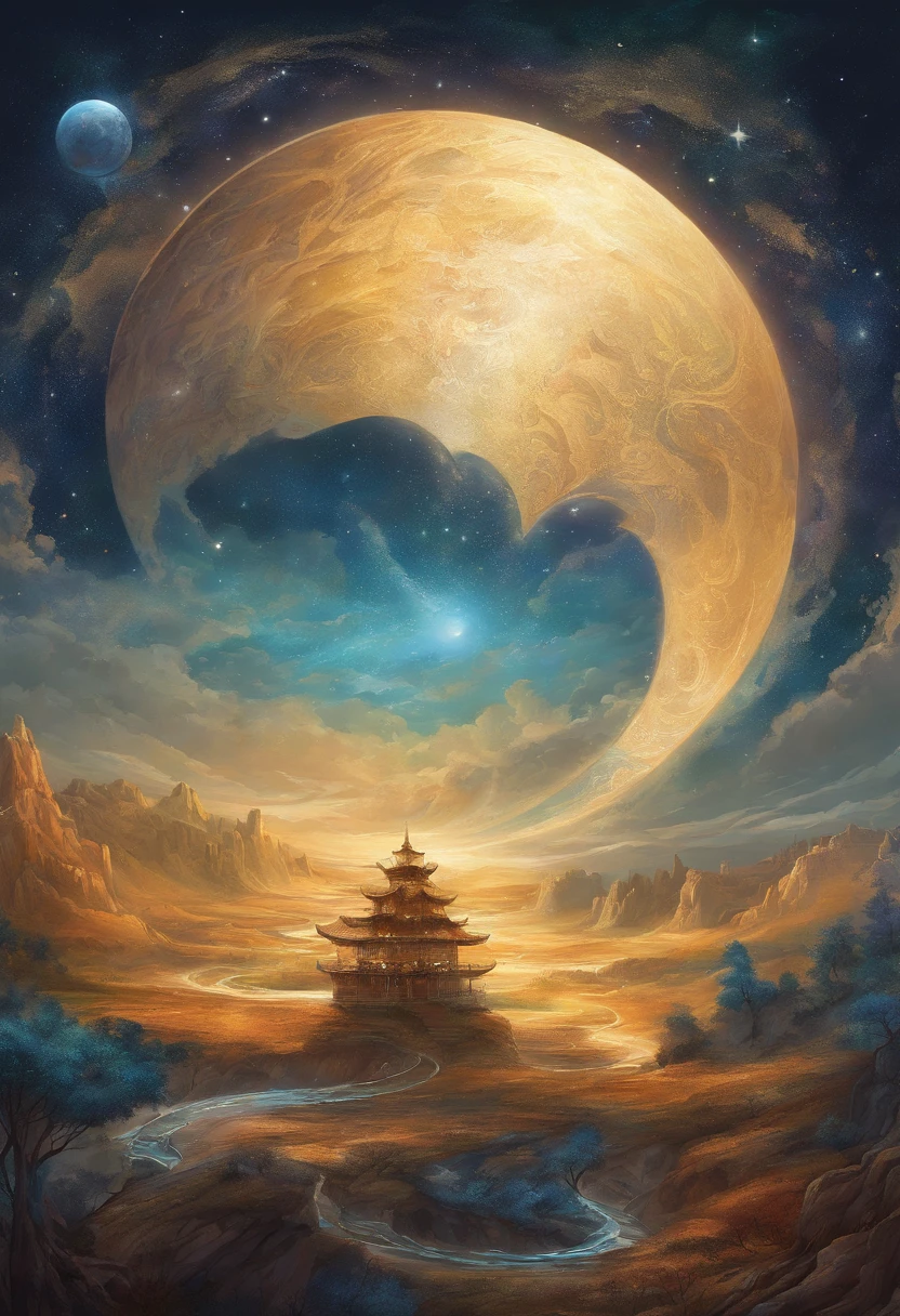 Oil Painting, Illustration, yin and yang drawn on the moon, super detailed, super intricate, beautiful, majestic, harmony, peace, tranquility