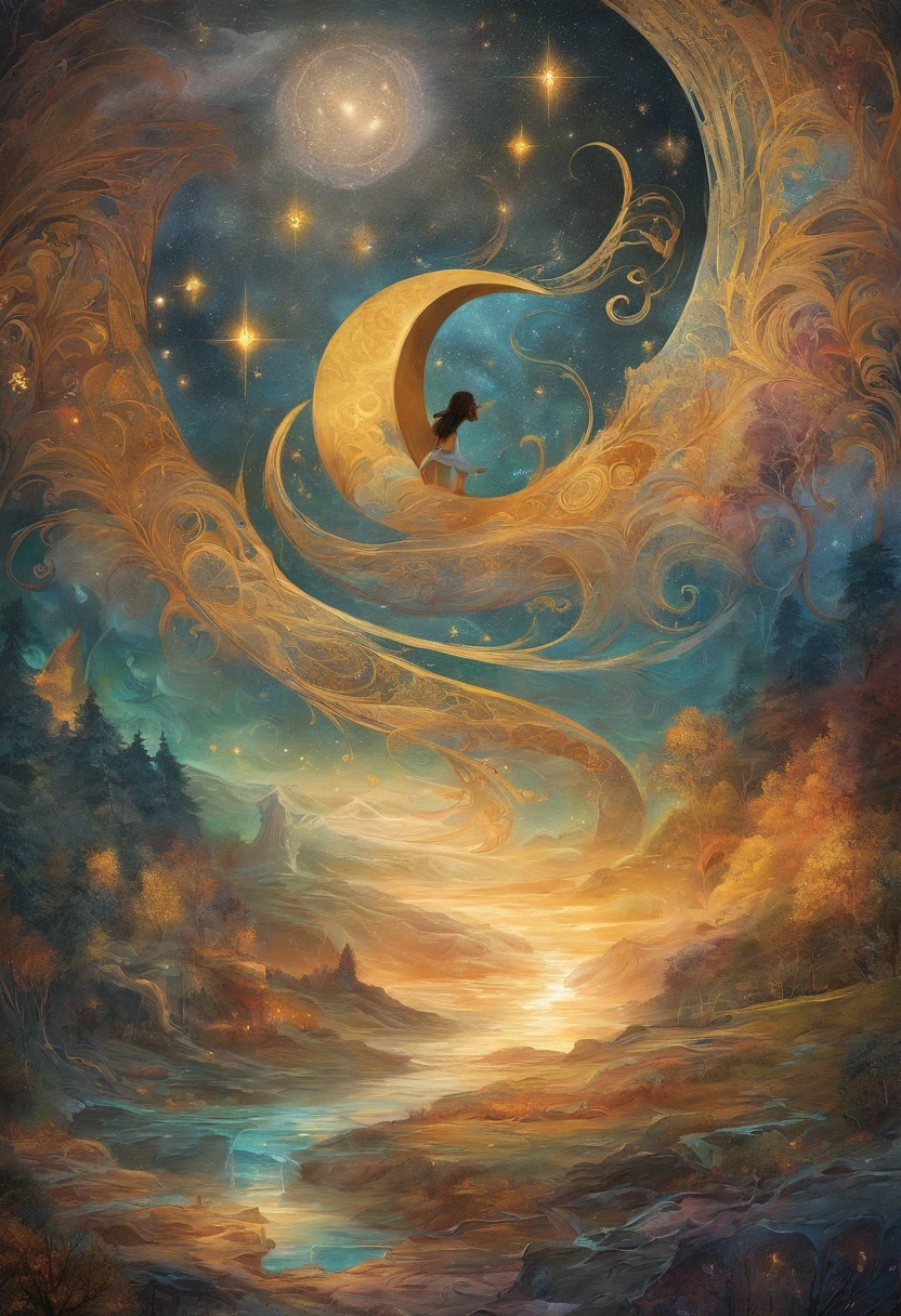 Oil Painting, Illustration, yin and yang drawn on the moon, super detailed, super intricate, beautiful, majestic, harmony, peace, tranquility