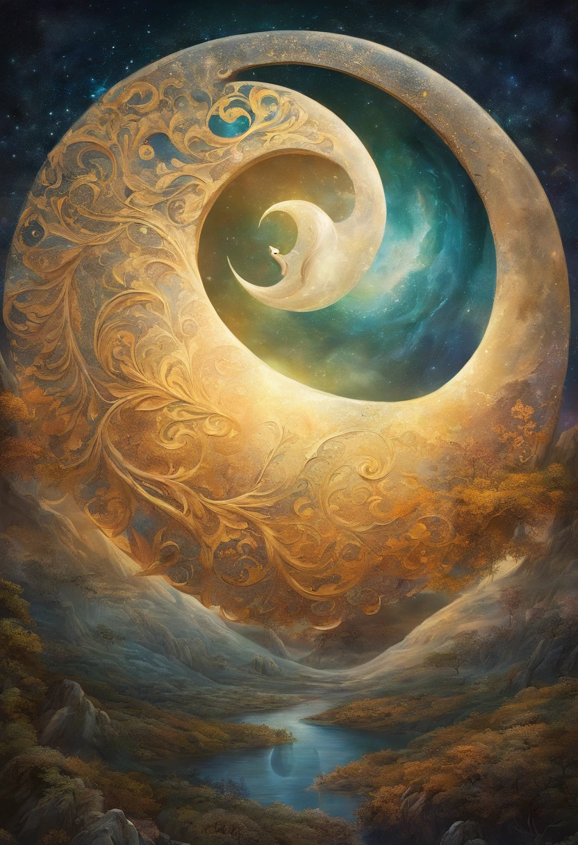 Oil Painting, Illustration, yin and yang drawn on the moon, super detailed, super intricate, beautiful, majestic, harmony, peace, tranquility