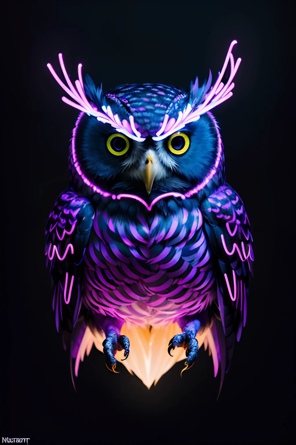 (((masterpiece))), (((neonart))),realistic , neon owl, high detail neon owl glowing, neon owl, neon tree, neon moon, in a black background,
