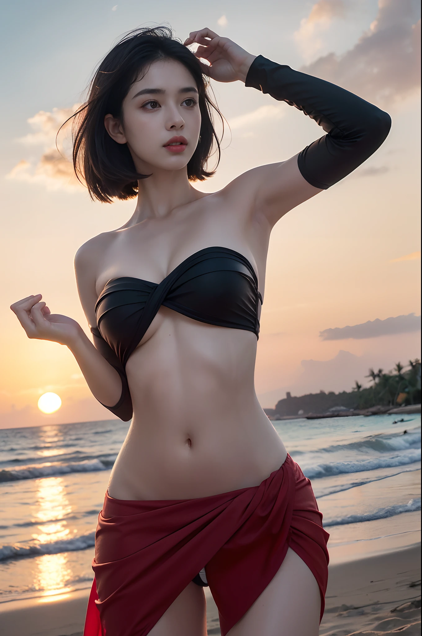 (One Person), (Ultra Realistic Image of a Gorgeous 25 Years Old British Female Model), (Wavy Bobcut Black Hair:1.2), (Pale Skin:1.6), (Detailed Oily and Sweaty Skin:1.2), (Wearing Red and Black Sarong-Style Swimsuit:1.4), (Busty Cup Size:1.6), (Dynamic Pose:1.4), (Clean Armpits:1.4), (Tropical Beach at Evening with Sunset:1.6), Centered, (Waist-up Shot:1.4), From Front Shot, Insane Details, Intricate Face Detail, Intricate Hand Details, Cinematic Shot and Lighting, Realistic Colors, Masterpiece, Sharp Focus, Ultra Detailed, Taken with DSLR camera, Realistic Photography, Depth of Field, Incredibly Realistic Environment and Scene, Master Composition and Cinematography