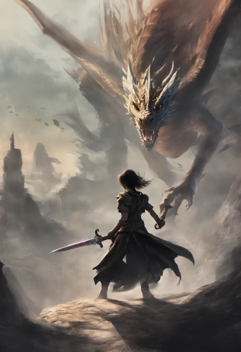 mythology, dragon slayer 13 year old girl with sword running away from dragon, dressed in black,
