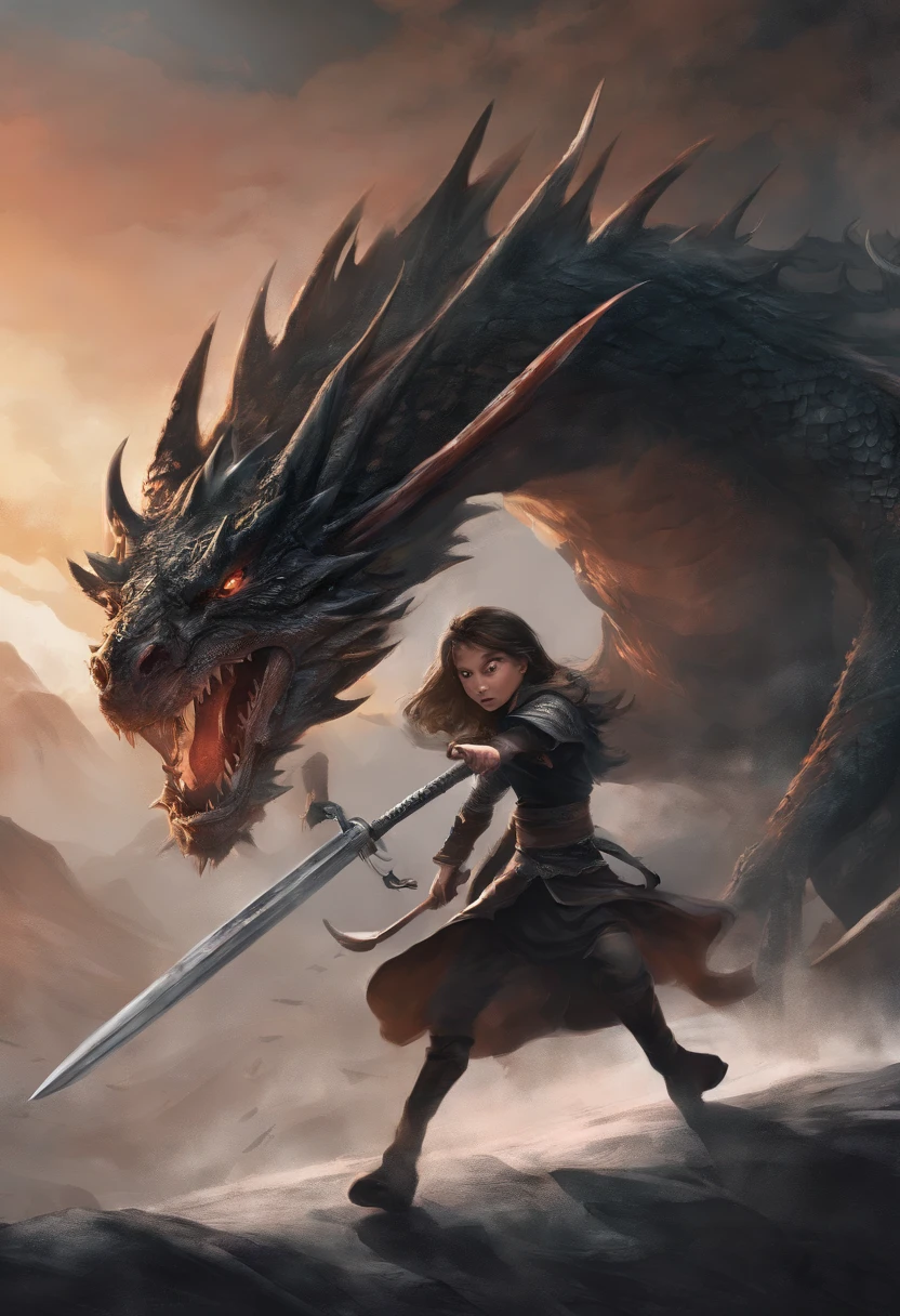 mythology, dragon slayer 13 year old girl with sword running away from dragon, dressed in black,