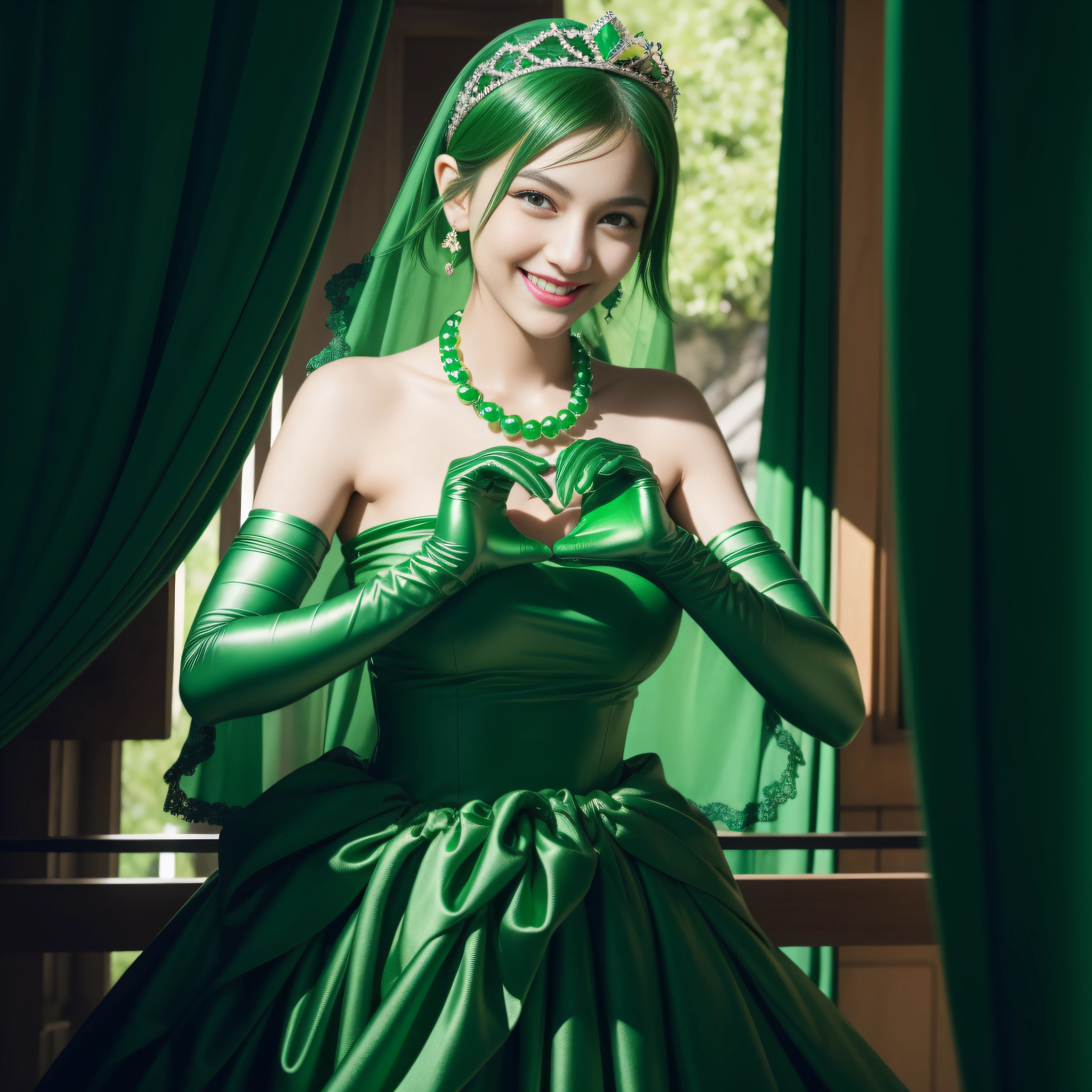 emerald tiara, Green Pearl Necklace, Boyish very short green hair, lipsticks, Japan woman smiling, very short short hair,  big breasts beautiful, Green eyes, Long green gloves made of satin material, Green eyes, Emerald Earrings, green vale, Heart with both hands