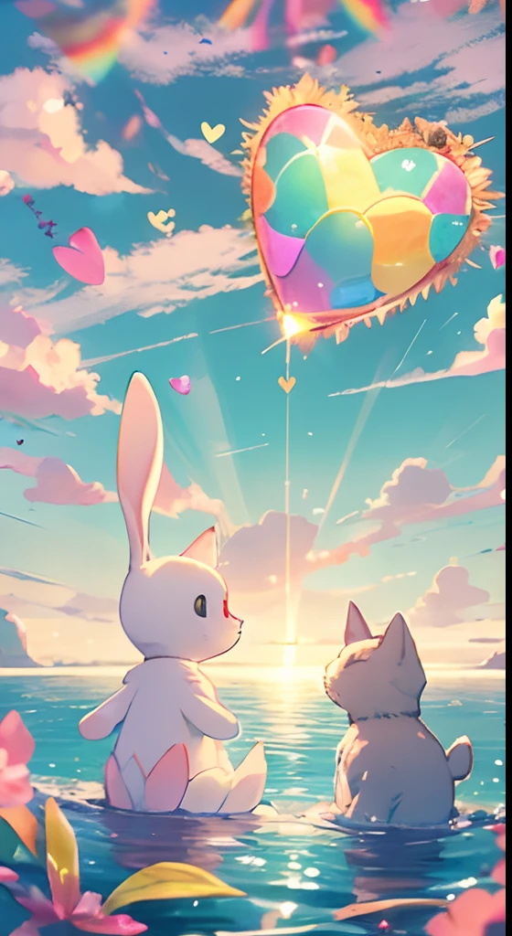 Float in the air above the sea, Huge hearts twinkle in the sun、Emitting shimmering iridescent colors.A rabbit and a cat are staring at each other