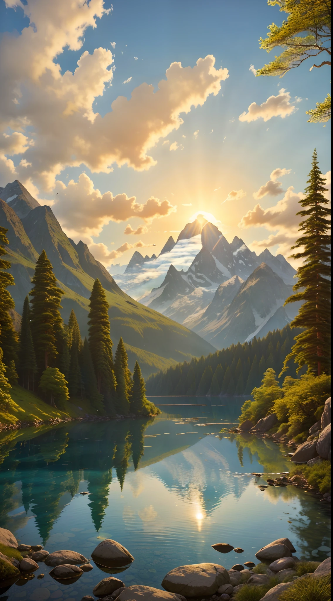 A breathtaking natural landscape, with majestic snow-capped mountains reaching the clear blue sky. Lush green forests cover the mountain slopes. A lake with crystal clear water reflects the mountains and clouds. Tall, leafy trees frame the scene. The setting sun casts a golden light over the mountains and forests. The vegetation is incredibly detailed and realistic. The scene conveys a feeling of calm, serenity and connection with nature. It's the perfect vision of paradise on Earth.