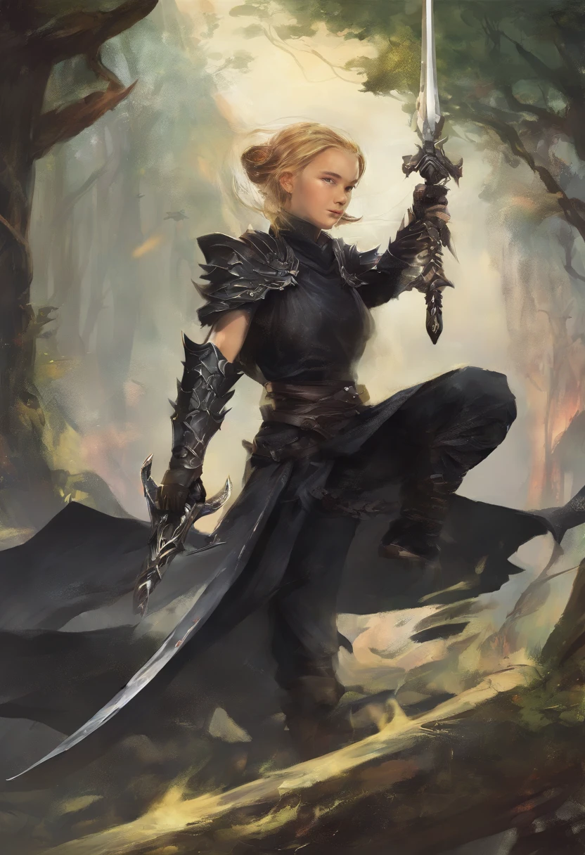mythology, dragon slayer 13 year old girl swinging a sword , dressed in black,