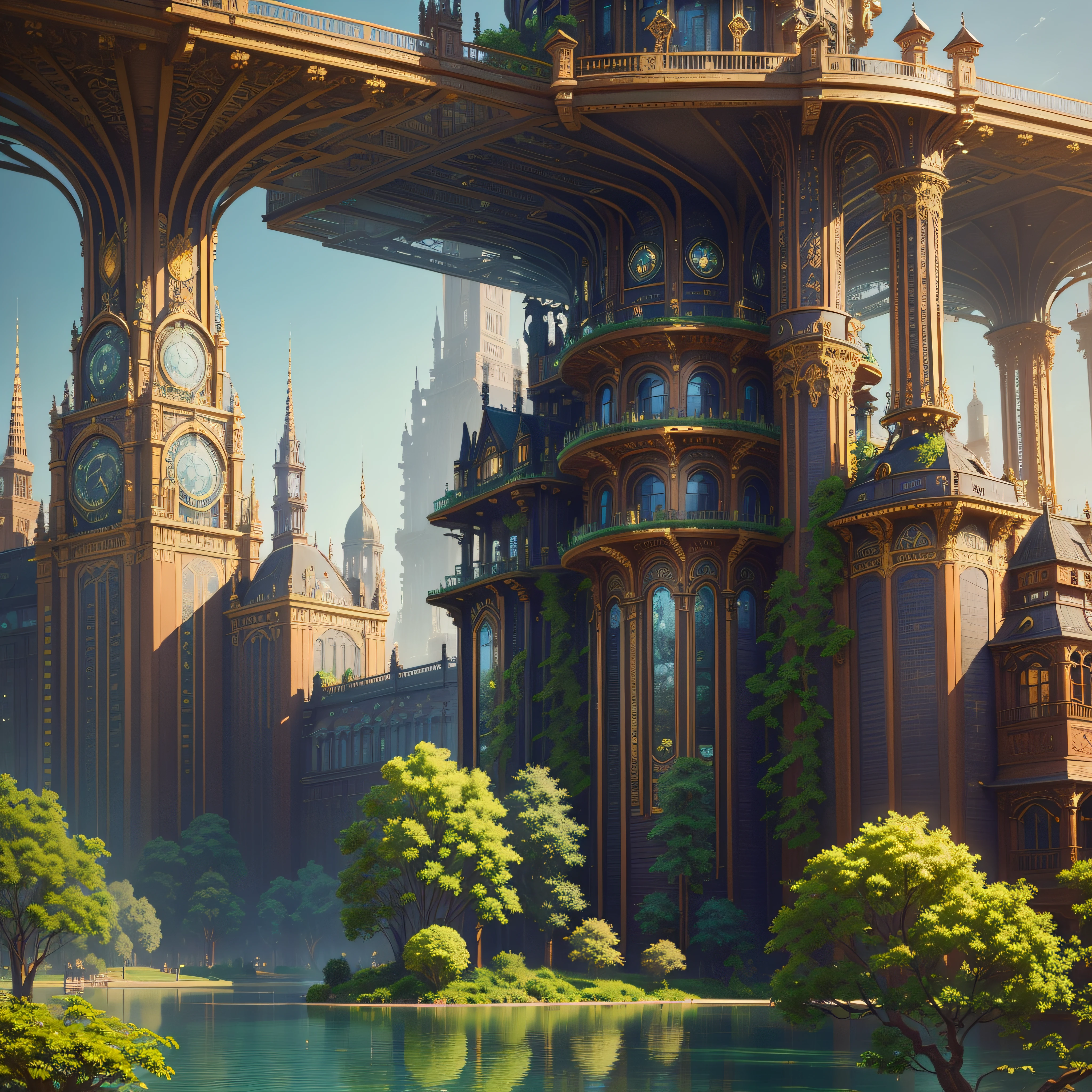 a city architecture seamlessly blends Victorian charm with intricate steampunk machinery. Amidst colossal skyscrapers, luscious green gardens flourish, serene lakes below. A harmonious fusion of futuristic steampunk society integrated with nature's beauty. Rich colors create a visually captivating. High detailed and intricate. 8K Ultra HD