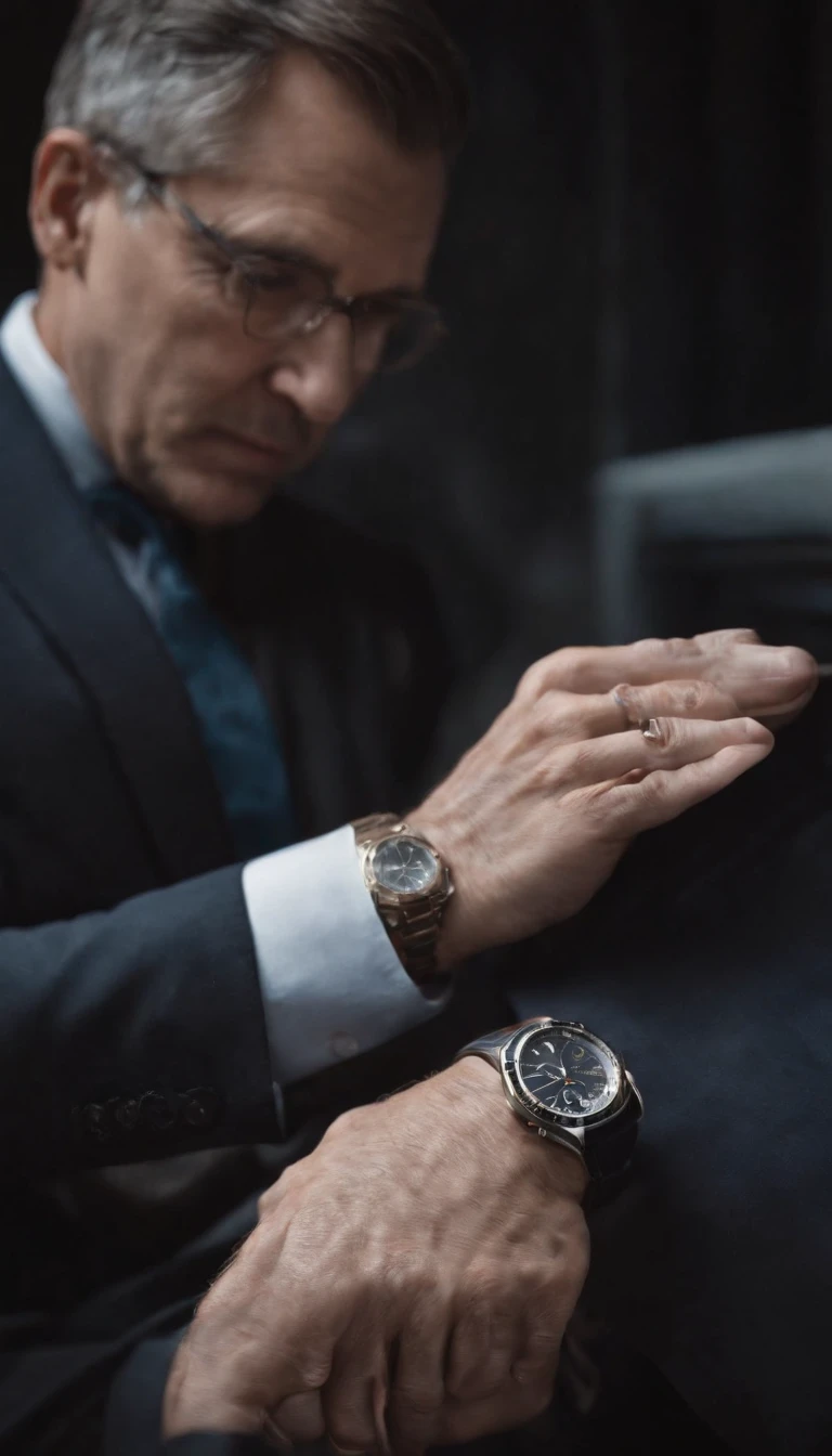 A mature and stable successful man in his 40s,male people,Bust photo,Wearing a watch on his hand,with black background,Realistic portrait photography,k hd, 4k
