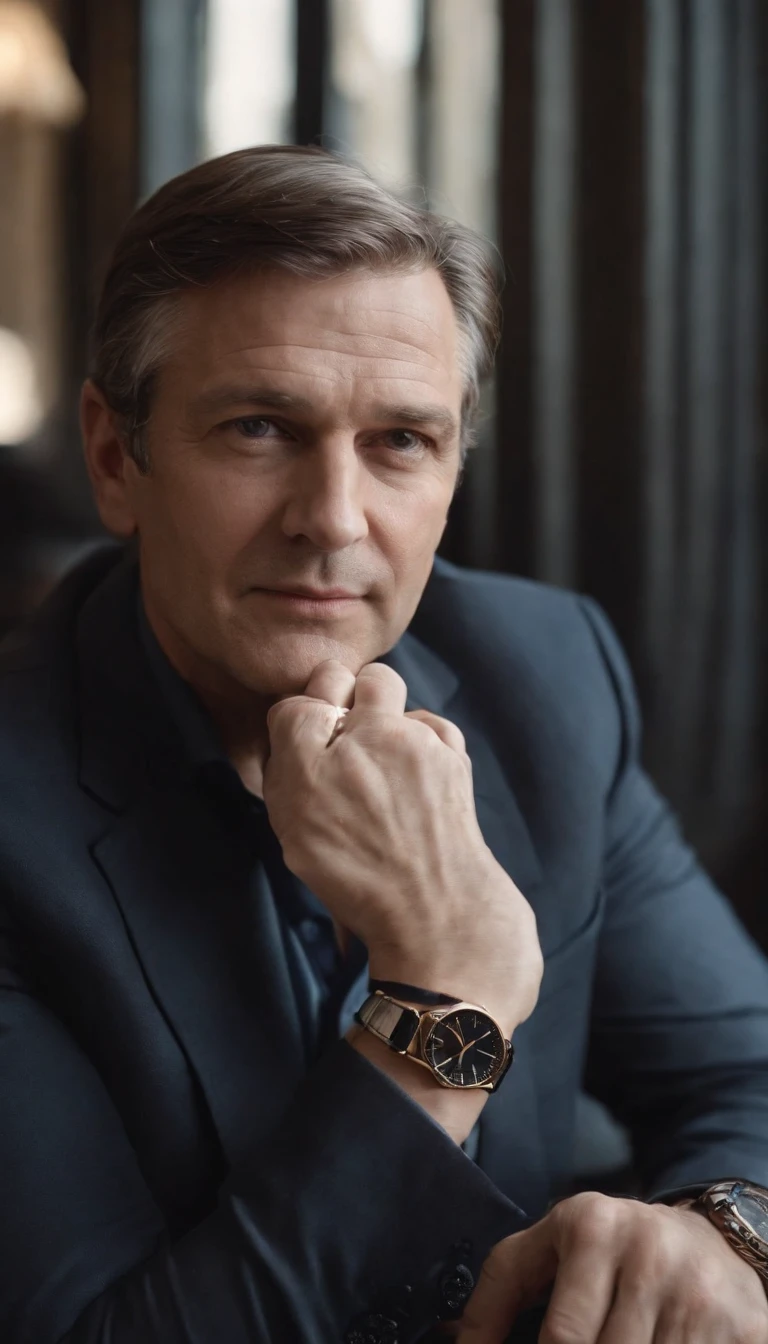 A mature and stable successful man in his 40s,male people,Bust photo,Wearing a watch on his hand,with black background,Realistic portrait photography,k hd, 4k