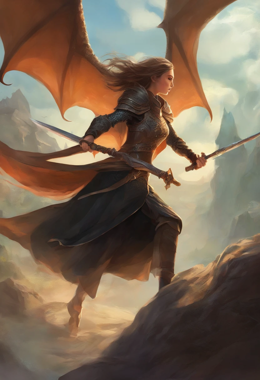 mythology, dragon slayer girl swinging a sword , dressed in black,