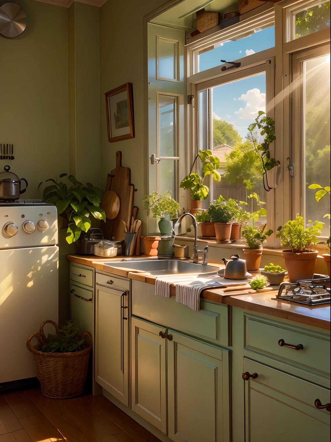 Kitchen, refrigerator, Roaster, A plant, window. rays of sunshine