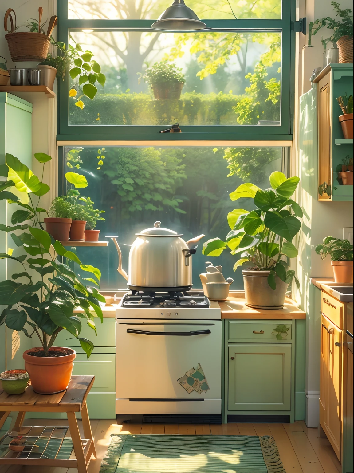 Kitchen, refrigerator, Roaster, A plant, window. rays of sunshine