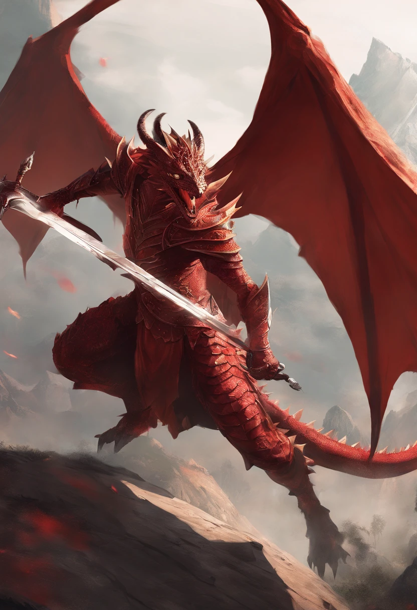 mythology, dragon slayer 13 year old girl swinging a sword , dressed in red,