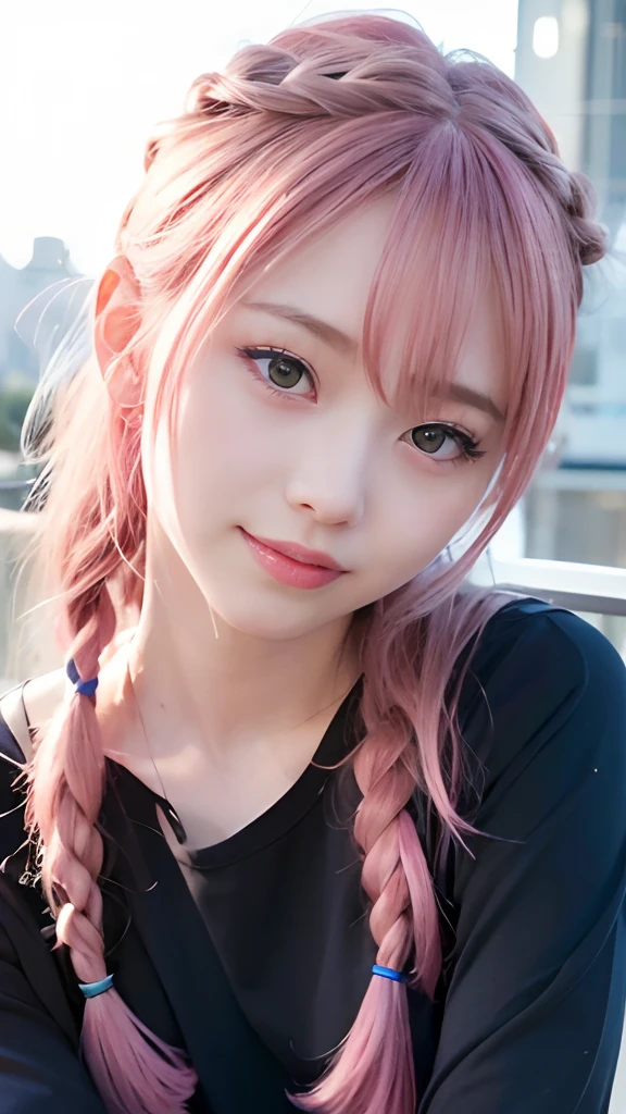 女の子1人、on tokyo street、natta、A city scape、city light、The upper part of the body、up close shot、Blue eyes,Full body,faces、(A smile:1.5)、small tits、Black long-sleeved uniform、(8K、Raw photography、top-quality、masterpiece:1.2)、(realisitic、photoRealstic:1.37), (Pink hair), Ear Hair, small tits, Single braid, (Single braid), (Side braid)