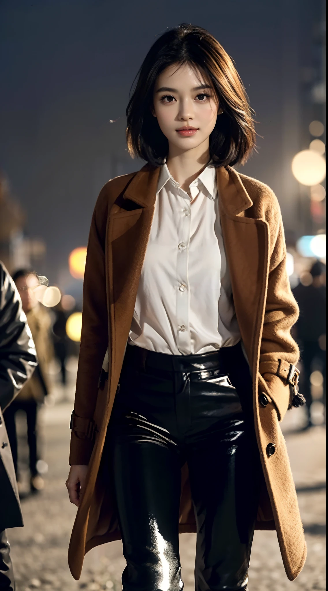 (shoulder length straight short black hair:1.0), （Extremely meticulous CG 8k wallpaper),16k,(Extremely refined and beautiful），（Masterpiece），（best qualtiy：1.0），（Ultra High Resolution：1.0），beautiful light up，Perfect lightning，realistic shaded，[A high resolution],(Smooth and flawless fair skin:1.5),(shiny skin:1.5),Extremely exquisite facial details,(perfect body：1.1),ultra - detailed,A beautiful girl,small head,(Small breasts:1.1),Flat chests，slim，thin，Smile，cheerfulness,(Brown woolen coat:1.5),(white collared shirt:1.3),(black pants:1.4),(Black military boots:1.2),slender legs,(nightfall:1.5),Sunset light,(Surrounded by a crowded crowd:1.5),At the school gate,standing,from front,close-up of her upper body