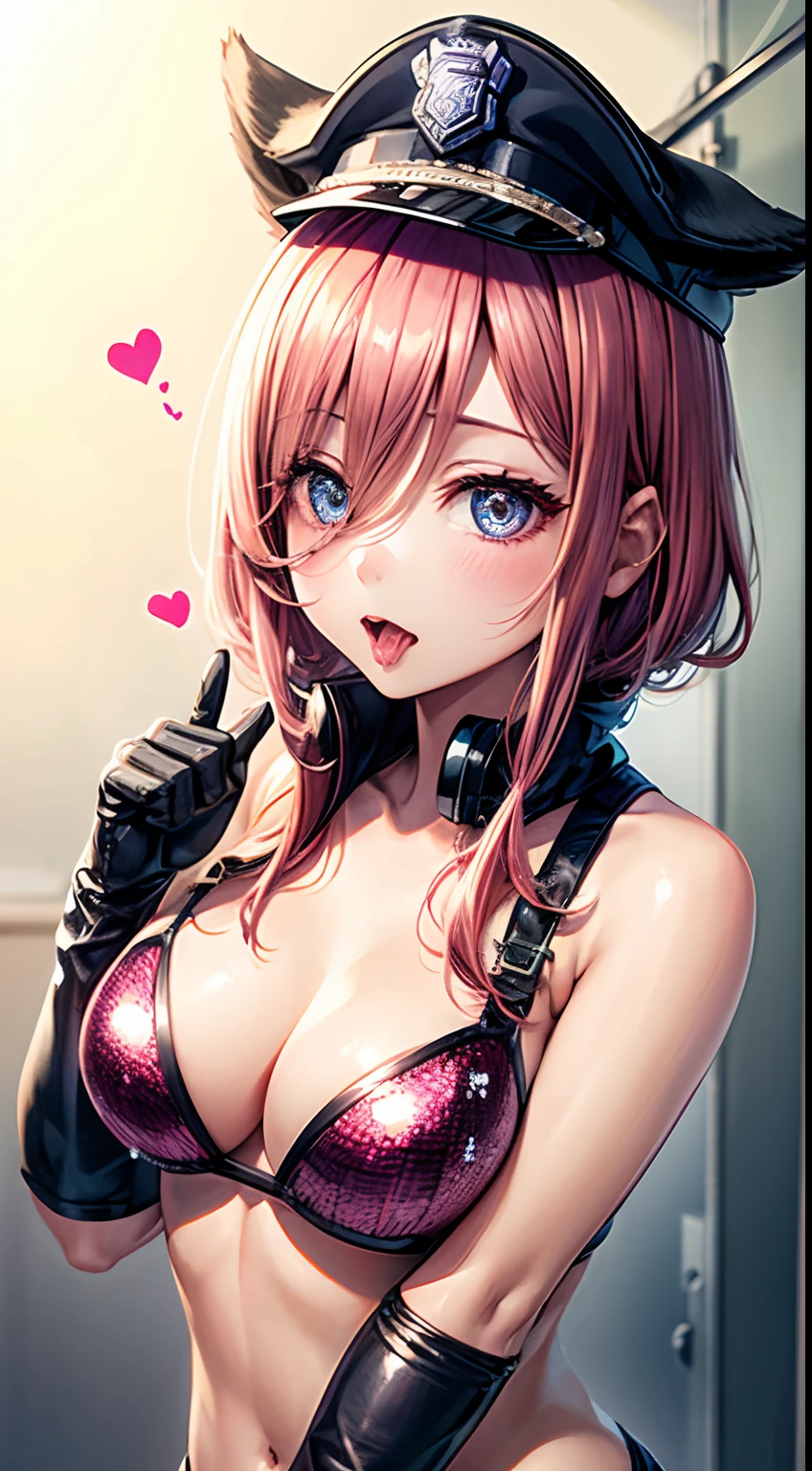 realisitic、top-quality、1girl in 、dog ears、Police Officer Cap Pink Hair ,Short hair,Saliva、Heart shaped pupils,  ,Pink Sequin Bikini , Black PVC gloves 、all-fours