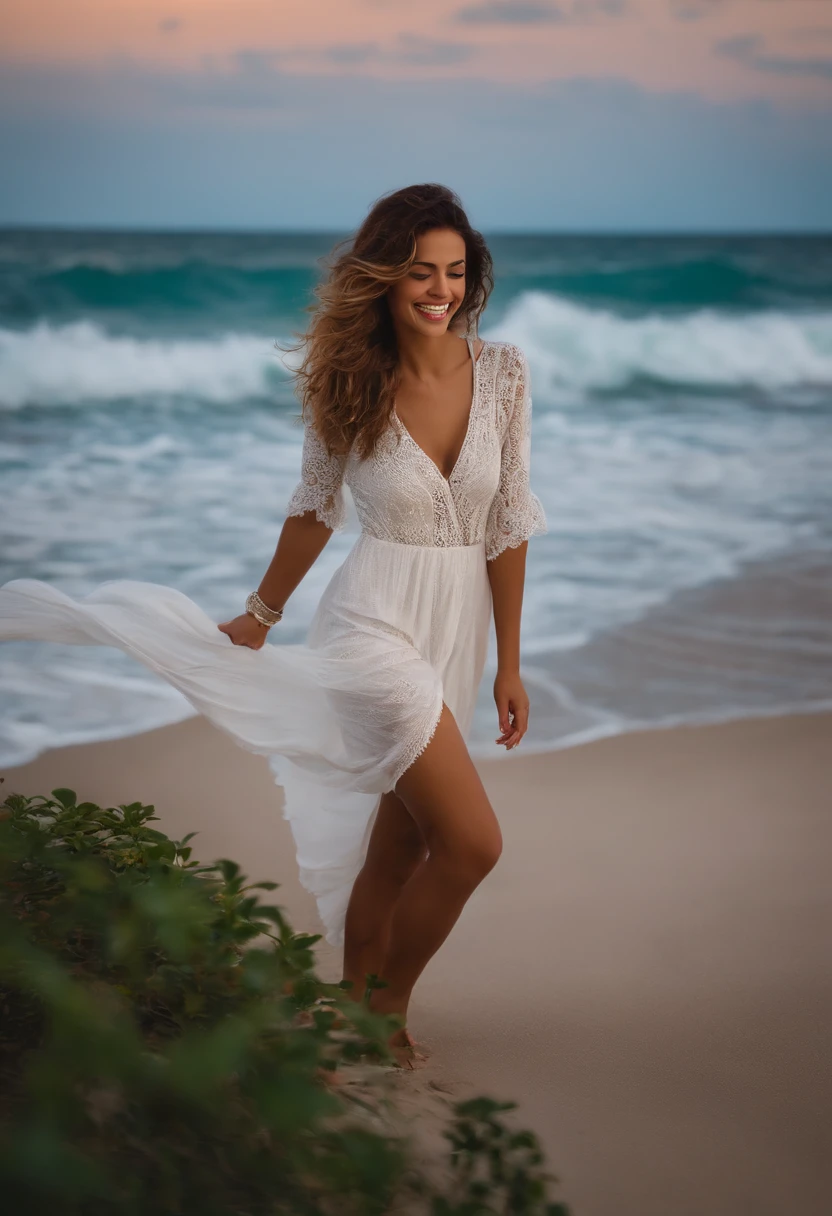 Criar imagem de mulher alegre e sorridente, realista passeando na beira da praia.