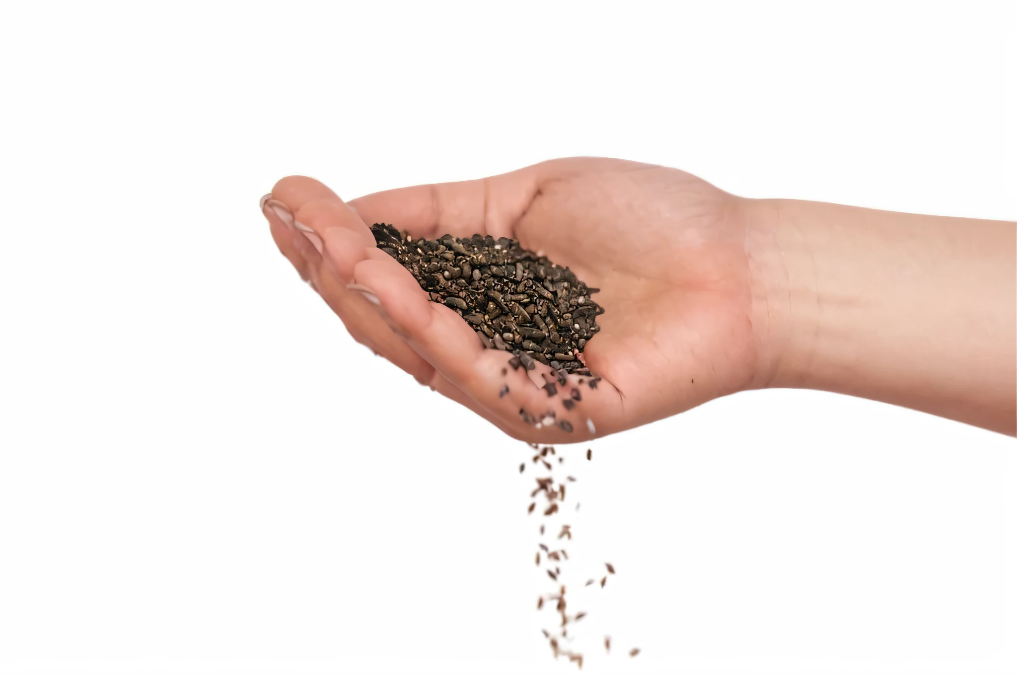 Someone holding a handful of seeds in their hand, sand particles, hands that exchange seeds, Black Tar Particles, many particles, areia preta, sementes, mineral grains, Areia levitada, nitrogen-rich soil, magnesium, Material de alta qualidade BSSRDF, sujeira e grawel no ar, dust particles, particuls, dust particle, heavy grain high quality